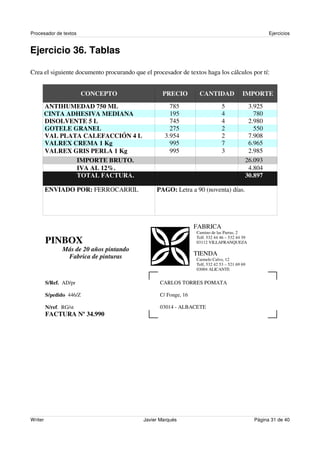 Procesador de textos                                                                                Ejercicios


Ejercicio 36. Tablas

Crea el siguiente documento procurando que el procesador de textos haga los cálculos por tí:


                        CONCEPTO                   PRECIO        CANTIDAD                IMPORTE
         ANTIHUMEDAD 750 ML                          785                     5             3.925
         CINTA ADHESIVA MEDIANA                      195                     4               780
         DISOLVENTE 5 L                              745                     4             2.980
         GOTELE GRANEL                               275                     2               550
         VAL PLATA CALEFACCIÓN 4 L                 3.954                     2             7.908
         VALREX CREMA 1 Kg                           995                     7             6.965
         VALREX GRIS PERLA 1 Kg                      995                     3             2.985
                 IMPORTE BRUTO.                                                           26.093
                 IVA AL 12%.                                                               4.804
                 TOTAL FACTURA.                                                           30.897

         ENVIADO POR: FERROCARRIL               PAGO: Letra a 90 (noventa) días.




                                                                FABRICA
                                                                Camino de las Parras, 2

         PINBOX                                                 Telf. 532 44 46 – 532 44 39
                                                                03112 VILLAFRANQUEZA
                Más de 20 años pintando
                 Fabrica de pinturas                            TIENDA
                                                                Carmelo Calvo, 12
                                                                Telf, 532 42 53 – 521 69 69
                                                                03004 ALICANTE


         S/Ref. AD/pr                            CARLOS TORRES POMATA

         S/pedido 446/Z                          C/ Fonge, 16

         N/ref. RG/st                            03014 - ALBACETE
         FACTURA Nº 34.990




Writer                                     Javier Marqués                                     Página 31 de 40
 