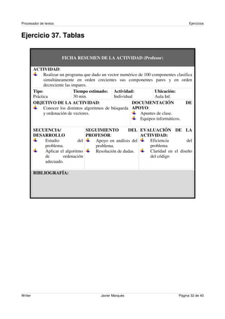 Procesador de textos                                                                       Ejercicios


Ejercicio 37. Tablas


                        FICHA RESUMEN DE LA ACTIVIDAD (Profesor)

         ACTIVIDAD:
               Realizar un programa que dado un vector numérico de 100 componentes clasifica
               simultáneamente en orden crecientes sus componentes pares y en orden
               decreciente las impares.
         Tipo:                  Tiempo estimado: Actividad:             Ubicación:
         Práctica               30 min.             Individual          Aula Inf.
         OBJETIVO DE LA ACTIVIDAD:                            DOCUMENTACIÓN             DE
               Conocer los distintos algoritmos de búsqueda APOYO:
               y ordenación de vectores.                         Apuntes de clase.
                                                                 Equipos informáticos.

         SECUENCIA/                SEGUIMIENTO        DEL EVALUACIÓN DE LA
         DESARROLLO                PROFESOR:                ACTIVIDAD:
             Estudio           del    Apoyo en análisis del    Eficiencia        del
             problema.                problema.                problema
             Aplicar el algoritmo     Resolución de dudas.     Claridad en el diseño
             de       ordenación                               del código
             adecuado.

         BIBLIOGRAFÍA:




Writer                                      Javier Marqués                           Página 32 de 40
 