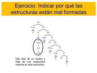 Ejercicio: Indicar por qué las
estructuras están mal formadas
Hay más de un núcleo y
más de una proyección
máxima en esta estructura