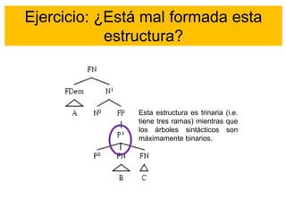 Ejercicio: ¿Está mal formada esta
estructura?
Esta estructura es trinaria (i.e.
tiene tres ramas) mientras que
los árboles sintácticos son
máximamente binarios.