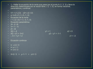 •   1.- Hallar la ecuación de la recta que pasa por el punto A (1, 2, 3) y lleva la
    dirección determinada por el vector libre (- 2, 1, 0), en forma vectorial,
    paramétrica y continua.
•
•   V1 = (1,2,3) v2= (-2,1,0)
•   a =(v2-v1) = (-3,-1,-3)
•   Ecuación de la recta
•   r = (-2,1,0) + t ( -3,-1,-3)
•   Ecuación paramétrica
•   X= -2 -3t
•   Y= 1 – 1t
•   Z= -3t
•   X2 = -2                                   y1 = 1                     z2 = 0
•   X2 – x1 = -3+2                                y2 – y1 = -1-1
•   :. X = 1 y1 = 2                                                         z1 = -3
•
•   Ecuación continúa
•
•   t= x+2 / 3
•   t= y-1 / 1
•   t= z-0 / 3
•
•   X+2 / 3 = y-1 / 1 = z-0 / 3
 