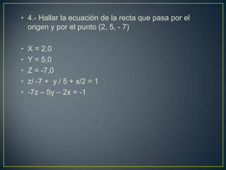 • 4.- Hallar la ecuación de la recta que pasa por el
  origen y por el punto (2, 5, - 7)

•   X = 2,0
•   Y = 5,0
•   Z = -7,0
•   z/ -7 + y / 5 + x/2 = 1
•   -7z – 5y – 2x = -1
 