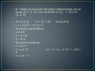 • 6.- Hallar la ecuación del plano determinado por el
  punto A (1, 2, 3) y los vectores u= (2, - 1, 5) y v=
  (3, 2, 4)
•
• A = (1,2,3)       v1 = (2,-1,5)     v2=(3,2,4)
• r = ( 3,2,4) + t (1,3,-1)
• Ecuación paramétrica
• x=3+2t
• y = 2= 3t
• z = 4-1t
• Ecuación continua
• t= x-3 / 1
• t = y-2 / 3                x-1 / -1 = y – 3 / 0 = z+2 / -
  6
• t = z-4 / -1
 