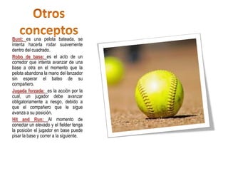 Bunt: es una pelota bateada, se
intenta hacerla rodar suavemente
dentro del cuadrado.
Robo de base: es el acto de un
corredor que intenta avanzar de una
base a otra en el momento que la
pelota abandona la mano del lanzador
sin esperar el bateo de su
compañero.
Jugada forzada: es la acción por la
cual, un jugador debe avanzar
obligatoriamente a riesgo, debido a
que el compañero que le sigue
avanza a su posición.
Hit and Run: Al momento de
conectar un elevado y el fielder tenga
la posición el jugador en base puede
pisar la base y correr a la siguiente.
 