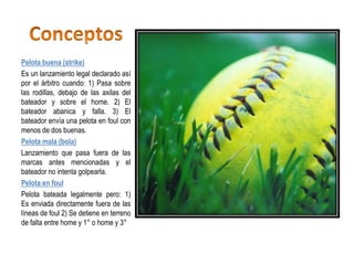 Pelota buena (strike)
Es un lanzamiento legal declarado así
por el árbitro cuando: 1) Pasa sobre
las rodillas, debajo de las axilas del
bateador y sobre el home. 2) El
bateador abanica y falla. 3) El
bateador envía una pelota en foul con
menos de dos buenas.
Pelota mala (bola)
Lanzamiento que pasa fuera de las
marcas antes mencionadas y el
bateador no intenta golpearla.
Pelota en foul
Pelota bateada legalmente pero: 1)
Es enviada directamente fuera de las
líneas de foul 2) Se detiene en terreno
de falta entre home y 1° o home y 3°
 