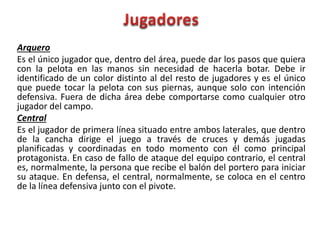 Arquero
Es el único jugador que, dentro del área, puede dar los pasos que quiera
con la pelota en las manos sin necesidad de hacerla botar. Debe ir
identificado de un color distinto al del resto de jugadores y es el único
que puede tocar la pelota con sus piernas, aunque solo con intención
defensiva. Fuera de dicha área debe comportarse como cualquier otro
jugador del campo.
Central
Es el jugador de primera línea situado entre ambos laterales, que dentro
de la cancha dirige el juego a través de cruces y demás jugadas
planificadas y coordinadas en todo momento con él como principal
protagonista. En caso de fallo de ataque del equipo contrario, el central
es, normalmente, la persona que recibe el balón del portero para iniciar
su ataque. En defensa, el central, normalmente, se coloca en el centro
de la línea defensiva junto con el pivote.
 