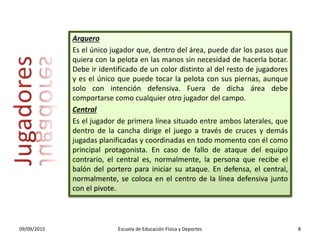 Arquero
Es el único jugador que, dentro del área, puede dar los pasos que
quiera con la pelota en las manos sin necesidad de hacerla botar.
Debe ir identificado de un color distinto al del resto de jugadores
y es el único que puede tocar la pelota con sus piernas, aunque
solo con intención defensiva. Fuera de dicha área debe
comportarse como cualquier otro jugador del campo.
Central
Es el jugador de primera línea situado entre ambos laterales, que
dentro de la cancha dirige el juego a través de cruces y demás
jugadas planificadas y coordinadas en todo momento con él como
principal protagonista. En caso de fallo de ataque del equipo
contrario, el central es, normalmente, la persona que recibe el
balón del portero para iniciar su ataque. En defensa, el central,
normalmente, se coloca en el centro de la línea defensiva junto
con el pivote.
09/09/2015 Escuela de Educación Física y Deportes 8
 