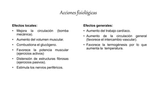 Acciones fisiológicas
Efectos generales:
• Aumento del trabajo cardíaco.
• Aumento de la circulación general
(favorece el intercambio vascular).
• Favorece la termogénesis por lo que
aumenta la temperatura.
Efectos locales:
• Mejora la circulación (bomba
mecánica).
• Aumento del volumen muscular.
• Combustiona el glucógeno.
• Favorece la potencia muscular
(ejercicios activos)
• Distensión de estructuras fibrosas
(ejercicios pasivos).
• Estimula los nervios periféricos.
 