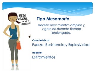 Tipo Mesomorfo
     Realiza movimientos amplios y
       vigorosos durante tiempo
              prolongado.

Características:

Fuerza, Resistencia y Explosividad

Trabajar:

Estiramientos
 