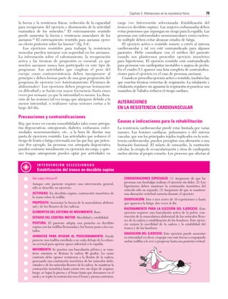 Cap. 05

23/3/06

20:40

Página 79

79
Capítulo 5: Alteraciones en la resistencia física
....................................................................................................................................................
la fuerza y la resistencia físicas, reducción de la capacidad
para recuperarse del ejercicio y disminución de la actividad
enzimática de los músculos.9 El entrenamiento resistido
puede aumentar la fuerza y resistencia musculares de los
ancianos.10 El entrenamiento resistido para ancianas ejerce
un efecto protector sobre los huesos11 (fig. 5.4).
Los ejercicios resistidos para trabajar la resistencia
muscular pueden iniciarse con seguridad en los ancianos.
La información sobre el calentamiento, la recuperación
activa y las técnicas de progresión es esencial, ya que
muchos ancianos nunca han participado en este tipo de
programas. Las actividades que emplean el peso del
cuerpo como contrarresistencia deben incorporarse al
principio y deben formar parte de una gran proporción del
programa de ejercicio (ver Autotratamiento: Flexiones de
abdominales). Los ejercicios deben progresar lentamente
en dificultad y se harán con mayor frecuencia (hasta cinco
veces por semana) ya que la intensidad es menor. La duración de las sesiones tal vez tenga que alargarse debido a la
menor intensidad, o realizarse varias sesiones cortas a lo
largo del día.

carga (ver Intervención seleccionada: Estabilización del
tronco en decúbito supino). Las mujeres embarazadas deben
evitar posiciones que supongan un riesgo para la espalda. Las
personas con enfermedades neuromusculares como esclerosis múltiple deben evitar alcanzar estados de fatiga.
El ejercicio activo o resistido somete a estrés al sistema
cardiovascular y tal vez esté contraindicado para algunos
pacientes. Debe consultarse con el médico del paciente
cuando nos planteemos prescribir ejercicio isométrico
para hipertensos. El ejercicio resistido está contraindicado
para personas con cardiopatías inestables o angina de pecho.
En el cuadro 5.1 aparece una lista completa de contraindicaciones para el ejercicio en el caso de personas ancianas.
Cuando se prescriba ejercicio activo o resistido, también hay
que enseñar técnicas correctas de respiración. La inhalación y
exhalación regulares sin aguantar la respiración ni practicar una
maniobra de Valsalva reducen el riesgo cardíaco.

ALTERACIONES
EN LA RESISTENCIA CARDIOVASCULAR

Precauciones y contraindicaciones
Hay que tener en cuenta comorbilidades tales como artropatías degenerativas, osteoporosis, diabetes, embarazos, enfermedades neuromusculares, etc., a la hora de diseñar una
pauta de ejercicios resistido. Las actividades que reducen el
riesgo de lesión o fatiga extremada son las que hay que potenciar. Por ejemplo, las personas con artropatía degenerativa
pueden centrarse inicialmente en ejercicios sin carga, y quienes tengan osteoporosis pueden optar por actividades en

Causas e indicaciones para la rehabilitación
La resistencia cardiovascular puede estar limitada por varias
razones. Las lesiones cardíacas, pulmonares o del sistema
vascular, que son los principales tejidos implicados en la resistencia cardiovascular, pueden precipitar una alteración o una
limitación funcional. El infarto de miocardio, la sustitución
valvular, la cirugía de revascularización y otras de cardiopatía
suelen afectar al propio corazón. Los procesos que afectan al

INTERVENCIÓN SELECCIONADA

Estabilización del tronco en decúbito supino
Ver caso clínico #7
Aunque este paciente requiere una intervención general,
sólo se describe un ejercicio:
ACTIVIDAD: En decúbito supino, contracción isométrica de
la mano sobre la rodilla.
PROPÓSITO: Aumentar la fuerza de la musculatura abdominal y de los flexores de las caderas.
ELEMENTOS DEL SISTEMA DE MOVIMIENTO: Base.
ESTADIO DEL CONTROL MOTOR: Movilidad y estabilidad.
POSTURA: El paciente adopta una posición en decúbito
supino con las rodillas flexionadas y los brazos junto a los costados.
APARATOS PARA AYUDAR AL POSICIONAMIENTO: Puede
ponerse una toallita enrollada o un cojín debajo de la columna cervical para aportar apoyo adicional a la espalda.
MOVIMIENTO: Se practica una basculación pélvica y se mantiene mientras se flexiona la cadera 90 grados. La mano
contraria debe oponer resistencia a la flexión de la cadera,
generando una contracción isométrica de los músculos abdominales y de los músculos flexores de la cadera. Se mantiene la
contracción isométrica hasta contar tres sin dejar de respirar;
luego, se bajan la pierna y el brazo hasta que descansen en el
suelo y se repite la contracción con el brazo y pierna contrarios.

CONSIDERACIONES ESPECIALES: (1) Asegurarse de que las
personas con lumbalgia realizan el ejercicio sin dolor. (2) Los
hipertensos deben mantener la contracción isométrica del
músculo sólo un segundo. (3) Asegurarse de que se mantiene
una alineación vertebral correcta durante el ejercicio.
DOSIFICACIÓN: Dos o tres series de 10 repeticiones o hasta
que aparezca la fatiga, dos veces al día.
RAZONAMIENTO PARA LA ELECCIÓN DEL EJERCICIO: Este
ejercicio requiere una basculación activa de la pelvis, contracción de la musculatura abdominal de los músculos flexores de la cadera y estabilización de los hombros. Este ejercicio mejora la movilidad de la cadera y la estabilidad del
tronco y de los hombros.
GRADACIÓN DEL EJERCICIO: Este ejercicio puede aumentar
en intensidad (es decir, empujar con más fuerza o empujando
ambas rodillas a la vez) o progresar hasta una posición vertical.

 