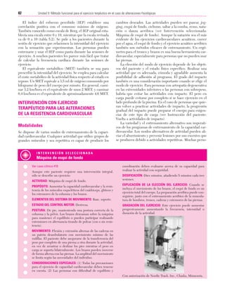 Cap. 05

23/3/06

20:40

Página 82

82

Unidad II: Método funcional para el ejercicio terpéutico en el caso de alteraciones fisiológicas
...................................................................................................................................................

El índice del esfuerzo percibido (IEP) establece una
correlación positiva con el consumo máximo de oxígeno.
También conocido como escala de Borg, el IEP original establecía una escala entre 6 y 19, mientras que la escala revisada
va de 0 a 10 (tabla 5.2). Se pide a los pacientes durante la
sesión de ejercicio que relacionen la intensidad del ejercicio
con la sensación que experimentan. Las personas pueden
entrenarse y usar el IEP como pauta durante las sesiones de
ejercicio. A muchos pacientes les parece más fácil que tratar
de calcular la frecuencia cardíaca durante las sesiones de
ejercicio.
El equivalente metabólico (MET) también se usa para
prescribir la intensidad del ejercicio. Se emplea para calcular
el coste metabólico de la actividad física respecto al estado en
reposo. Un MET equivale a 3,5 ml de oxígeno consumido por
kilogramo de peso del cuerpo por minuto. En general, caminar 3,2 km/hora es el equivalente de unos 2 MET, y caminar
6,4 km/hora es el equivalente de aproximadamente 4,6 MET.

INTERVENCIÓN CON EJERCICIO
TERAPÉUTICO PARA LAS ALTERACIONES
DE LA RESISTENCIA CARDIOVASCULAR
Modalidades
Se dispone de varios modos de entrenamiento de la capacidad cardiovascular. Cualquier actividad que utilice grupos de
grandes músculos y sea repetitiva es capaz de producir los

cambios deseados. Las actividades pueden ser pasear, jogging, esquí de fondo, ciclismo, saltar a la comba, remo, natación o danza aeróbica (ver Intervención seleccionada:
Máquina de esquí de fondo). Aunque la natación sea el más
evidente de los ejercicios cardiovasculares acuáticos, correr
por el agua, el esquí de fondo y el ejercicio acuático aeróbico
también son métodos eficaces de entrenamiento. Un ergómetro para el tronco y brazos es una buena herramienta cardiovascular, especialmente para personas que no pueden usar
las piernas.
La elección del modo de ejercicio depende de los objetivos del paciente y el estado físico específico. Realizar una
actividad que es adecuada, cómoda y agradable aumenta la
posibilidad de adhesión al programa. El grado del impacto
también es una consideración importante cuando se elige el
modo de ejercicio. Para personas con artropatía degenerativa
en las extremidades inferiores o las personas con sobrepeso,
habría que evitar las actividades con impacto. El peso en
carga puede evitarse por completo si se hace ejercicio en el
lado profundo de la piscina. En el caso de personas que quieran volver a practicar actividades de impacto, la progresión
gradual del impacto puede preparar el cuerpo para exigencias de este tipo de carga (ver Instrucción del paciente:
Vuelta a actividades de impacto).
La variedad y el entrenamiento alternativo son imperativos de los programas de entrenamiento de la capacidad cardiovascular. Los modos alternativos de actividad pueden aliviar el aburrimiento y prevenir lesiones por uso excesivo que
se producen debido a actividades repetitivas. Muchas perso-

INTERVENCIÓN SELECCIONADA

Máquina de esquí de fondo
Ver caso clínico #10
Aunque este paciente requiere una intervención integral,
sólo se describe un ejercicio:
ACTIVIDAD: Máquina de esquí de fondo.
PROPÓSITO: Aumentar la capacidad cardiovascular y la resistencia de los músculos esqueléticos del cuádriceps, glúteos y
los extensores de la columna y los brazos.
ELEMENTOS DEL SISTEMA DE MOVIMIENTO: Base, soporte.
ESTADIO DEL CONTROL MOTOR: Destreza.
POSTURA: De pie, manteniendo una postura correcta de la
columna y la pelvis. Los brazos descansan sobre la máquina
para mantener el equilibrio o pueden participar realizando
extensiones en alternancia tirando de poleas (con o sin resistencia).

coordinación deben evaluarse acerca de su capacidad para
realizar la actividad con seguridad.
DOSIFICACIÓN: Diez minutos, añadiendo 5 minutos cada tres
sesiones.
EXPLICACIÓN DE LA ELECCIÓN DEL EJERCICIO: Cuando se
incluya el movimiento de los brazos, el esquí de fondo es un
ejercicio total del cuerpo. La preparación aeróbica puede conseguirse, junto con el entrenamiento aeróbico de la musculatura de hombros, tronco, caderas y extensores de las piernas.
GRADACIÓN DEL EJERCICIO: Este ejercicio puede aumentar
progresivamente aumentando la frecuencia, intensidad o
duración de la actividad.

MOVIMIENTO: Flexión y extensión alternas de las caderas en
un patrón deambulatorio con movimiento mínimo de las
rodillas. El paciente debe asegurarse de la transferencia del
peso por completo de una pierna a otra durante la actividad,
en vez de arrastrar o deslizar los pies mientras el peso en
carga se soporta bilateralmente. Los brazos pueden moverse
de forma alterna con las piernas. La amplitud del movimiento
se limita según las necesidades del individuo.
CONSIDERACIONES ESPECIALES: (1) Todas las precauciones
para el ejercicio de capacidad cardiovascular deben tenerse
en cuenta. (2) Las personas con dificultad de equilibrio y
Con autorización de Nordic Track, Inc., Chaska, Minnesota.

 