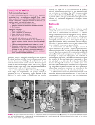 Cap. 05

23/3/06

20:40

Página 83

83
Capítulo 5: Alteraciones en la resistencia física
....................................................................................................................................................
Instrucción del paciente
Vuelta a actividades de impacto
La vuelta a actividades de impacto como el jogging, el ejercicio
aeróbico en carga o los deportes que requieren correr o saltar
deben suceder a la progresión del impacto. Este método asegura
la vuelta a la actividad, y reduce la posibilidad de retrocesos. Los
requisitos para la progresión del impacto son:
1. Adecuada fuerza y resistencia musculares
2. Amplitud completa del movimiento de las articulaciones
3. Sin hinchazón
Una posible progresión:
1. Saltar con los dos pies
2. Saltar con los pies en alternancia
3. Saltar sólo con un pie (opcional)
4. Ejercicios de destreza (opcionales)
Esta progresión debe realizarse del modo siguiente:
1. Empezar sobre una superficie de poco impacto (p. ej.,
piscina, minicama elástica, suelo con absorción de impactos).
2. Después se avanza y pasa al terreno que se va a utilizar.
3. Se empieza con 5 minutos, y se aumenta con incrementos de
2 a 5 minutos cuando se pueden completar tres sesiones consecutivas sin dolor, hinchazón o compromiso de la técnica.
4. La vuelta a la actividad completa se determina con los criterios establecidos por el fisioterapeuta.

nas tienen tan poca resistencia muscular que son incapaces
de realizar la misma actividad repetitiva durante más de unos
minutos. El modo de actividad puede cambiar dentro de una
sesión de entrenamiento o entre sesiones. Aunque se pueda
montar en bicicleta 2 veces por semana, nadar 2 días y pasear
otros dos, otra persona puede optar por montar en bicicleta,
caminar y subir escaleras 10 minutos a diario.
En un mismo ejercicio se dispone de un modo, varias posturas o tipos de equipamiento. Por ejemplo, cuando se
monta en bicicleta, la postura del tronco depende de los
objetivos. Se puede montar en bicicleta en una posición

acostada (fig. 5.6A) con las caderas flexionadas 90 grados o
más y la región lumbar apoyada, o en una posición erguida
con los brazos en movimiento (fig. 5.6C) o en una posición
inclinada hacia delante (fig. 5.6B). Hay que dar prioridad a
la postura óptima para que los beneficios del ejercicio sean
óptimos (ver Instrucción del paciente: Pautas para montar
en bicicleta).

Dosificación
TIPO
La sesión de entrenamiento en sí debe realizarse usando
variedad de técnicas de entrenamiento, desde actividad continua hasta el entrenamiento con intervalos. El entrenamiento continuo depende del sistema de energía aeróbica
para la sesión de ejercicio y puede llevarse a cabo durante
períodos prolongados. Se hace ejercicio de modo ininterrumpido, sin descanso, con un ritmo regular. Aunque de
naturaleza continua, pueden combinarse varias actividades
diferentes en la misma sesión, como un tapiz rodante o bicicleta, o natación o carreras en agua profunda.
El entrenamiento con intervalos incorpora sesiones de
reposo entre tandas de ejercicio. Cuando se prescriba entrenamiento con intervalos, la relación del período de descanso
respecto al período de ejercicio determina la intensidad de la
actividad y el sistema de energía usado. El sistema aeróbico
de energía se emplea en mayor grado con intervalos de
entrenamiento más largos y períodos de descanso más cortos.
Los períodos de descanso pueden ser reposo total (es decir,
sin actividad) o un intervalo de reducción del trabajo,
durante el cual puede realizarse una actividad ligera como
andar. Las actividades de gran intensidad suelen combinarse
con intervalos de descanso completo más largos, y las intensidades bajas a medias se combinan con intervalos de descanso más cortos o intervalos de reducción del trabajo.
El entrenamiento en circuito puede ser continuado o con
intervalos. El entrenamiento en circuito es una técnica de
entrenamiento en la que se practica una rotación mediante

FIGURA 5.6 (A) Ejercicio en posiciones semiacostadas que se diferencian del ejercicio en bicicleta tradicional. (B) El ciclismo en una posición tradicional impone más peso
sobre las extremidades superiores, lo cual carga más los músculos posturales que la posición acostada. (C) El ejercicio sobre una bicicleta erguida con los brazos en
movimiento impone distintas cargas sobre el paciente.

 