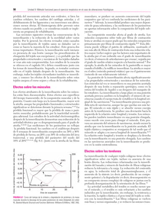 23/3/06

20:38

Página 90

90

Unidad II: Método funcional para el ejercicio terpéutico en el caso de alteraciones fisiológicas
...................................................................................................................................................

pérdida del movimiento articular son evidentes, si bien los
cambios celulares, los cambios del cartílago articular, y el
debilitamiento de los ligamentos y sus inserciones son alteraciones menos obvias. El fisioterapeuta debe prevenir estos
efectos cuando sea posible, y se consideran cuando se implementa un programa de rehabilitación.
Las secciones siguientes revisan las consecuencias de la
inmovilización y la reducción de la movilidad sobre varios
tejidos. Por lo general, los efectos revisados están causados
por la inmovilización de tejidos sanos no dañados (así es
como se hacen la mayoría de los estudios). Esto genera dos
temas importantes. Primero, la inmovilización suele iniciarse
en presencia de una lesión (aunque los procedimientos de
elongación del tejido son excepciones), y es probable que las
propiedades estructurales y mecánicas de los tejidos dañados
se vean aún más comprometidas. Los estadios de la curación
se ofrecen en el capítulo 10 y deben considerarse junto con
los temas de inmovilización. Segundo, es tentador centrarse
sólo en el tejido dañado después de la inmovilización. Sin
embargo, todos los tejidos circundantes también se inmovilizan, y conocer los efectos de la inmovilización sobre estos
tejidos asegura el curso seguro y eficaz de la rehabilitación.

Efectos sobre los músculos
Los efectos atrofiantes de la inmovilización sobre los músculos están bien documentados. Estos efectos son específicos
del tiempo transcurrido, de la composición muscular y de la
posición. Cuanto más larga sea la inmovilización, mayor será
la atrofia, aunque las propiedades funcionales y estructurales
significativas se deterioran durante la primera semana.41,42 La
pérdida funcional es mayor que la pérdida de masa o parámetro muscular, probablemente por la inactividad neurológica adicional. Los estudios de la actividad electromiográfica
después de la inmovilización demuestran una reducción de la
actividad eléctrica que es desproporcionada para el grado de
atrofia.38,49,50 Las mediciones de los parámetros no reflejan
la pérdida funcional; los cambios en el cuádriceps después
de 6 semanas de inmovilización comprenden un 30% a 40%
de pérdida de fuerza, un 20% a un 30% de reducción del área
transversal, y una pérdida del parámetro del muslo del
10% al 20%5,37,41,42 (fig. 6.1). Junto con la atrofia de las fibras

musculares, se produce un aumento concurrente del tejido
conjuntivo que tal vez confunda las mediciones de los parámetros.84 Además, la inmovilidad produce una mayor deposición de grasa subcutánea, y las mediciones de los parámetros
no aportan información sobre la composición del tejido subyacente.
La composición muscular afecta al grado de atrofia. Los
músculos compuestos sobre todo por fibras de contracción
lenta se atrofian en mayor grado que los músculos compuestos
primariamente por fibras de contracción rápida.50,51 Esta diferencia puede reflejar el patrón de utilización, mostrando el
uso más alto de fibras de contracción lenta una reducción relativa mayor. Lieber sugiere que los factores más importantes de
la atrofia por el uso reducido son el grado de inmovilización
(es decir, el número de articulaciones que cruzan), seguida por
el grado de cambio relativo respecto a la función normal.51 Por
ejemplo, la atrofia de los músculos de la pantorrilla es mayor
cuando el tobillo y la rodilla se inmovilizan. La atrofia es mayor
en el sóleo (músculo postural estático) que en el gastrocnemio
(músculo de uso relativamente inferior).
La posición de la inmovilización afecta significativamente
a las propiedades estructurales y mecánicas de los músculos.
Los músculos tal vez se inmovilicen en una posición acortada
después de una lesión o reparación quirúrgica, como en la
rotura del tendón de Aquiles o un desgarro del manguito de
los rotadores. La inmovilización a largo plazo en una posición
acortada provoca cambios en la longitud y el número de sarcómeras cuando el cuerpo trata de restablecer la longitud original de las sarcómeras.29 La inmovilización provoca una pérdida neta de sarcómeras, aunque las que quedan son más largas. El músculo es más rígido y se absorbe menos energía
antes de la insuficiencia. Se produce una desviación hacia la
izquierda de la relación entre longitud y tensión. Los músculos pueden también inmovilizarse en una posición elongada,
como sucede con yesos para elongar el músculo. Esto provoca un aumento del número de sarcómeras, siendo menor la
atrofia que con la inmovilización en la posición acortada. El
tejido elástico y conjuntivo se reorganiza de tal modo que el
músculo se adapta a su nueva longitud de inmovilización.29,76
La relación entre longitud y tensión se desplaza a la derecha
con la inmovilización en una posición elongada. Los cambios
en las sarcómeras asociados con la inmovilización se producen en la unión miotendinosa.

Efectos sobre los tendones
200

0,20
0,15

Degradación

EMG

0,10
0,05
100
0,00
Síntesis

–0,05
–0,10
–0,15

EMG medio del sóleo (%)

Índice de proteínas miofibrilares del sóleo (frac./día)

Cap. 06

Pérdida de proteínas

0

10

20

30

0

Días de suspensión

FIGURA 6.1 Curso del tiempo de la síntesis y degradación de proteínas y la masa
muscular durante la descarga de las patas posteriores de ratas (Adaptado de Lieber
Rl, Skeletal Muscle Structure and Function. Baltimore: Williams & Wilkins; 1992: 240).

La inmovilización de cualquier tejido colágeno tiene efectos
significativos sobre ese tejido, incluso en ausencia de una
lesión directa. Las reducciones relacionadas con la inmovilización del tamaño y número de fascículos de fibras colágenas
reducen la tolerancia a la carga. La reducción del contenido
en agua, la reducción total de glucosaminoglucanos, y el
aumento de la síntesis (es decir, producción de un componente químico) y la degradación (es decir, descomposición en
un compuesto menos complejo) de colágeno se juntan con la
profunda desorganización de la orientación de las fibras.78
La actividad metabólica del tendón es mucho menor que
en el músculo, y el tendón es más refractario a los cambios
inducidos por la inmovilización; sin embargo, la resistencia a
la tracción, la rigidez elástica y el peso total del tejido se reducen con la inmovilización.41 Las fibras colágenas se vuelven
más finas y menos organizadas, y se reducen las uniones trans-

 