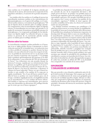 Cap. 06

23/3/06

20:38

Página 92

92

Unidad II: Método funcional para el ejercicio terpéutico en el caso de alteraciones fisiológicas
...................................................................................................................................................

estos cambios son el resultado de la hipoxia articular por
reducción de la sinovia, del aumento de la compresión de las
superficies articulares y el aumento de la presión intraarticular.40
Los estudios sobre los cambios en el cartílago de perros tras
inmovilización mostraron cambios en las concentraciones de
glucosaminoglucanos, en el espesor del cartílago, en el contenido de ácidos urónicos y en la síntesis de proteoglucanos.44 El
tipo de fijación afecta al estímulo sobre el cartílago articular.
Las comparaciones entre la inmovilización rígida con fijación
externa y la inmovilización con yeso largo (que permita 8 a 15
grados de movimiento) demostraron una pérdida más grave de
proteoglucanos y la recuperación prolongada de las articulaciones con fijación rígida.9 La reducción del peso en carga,
incluso en presencia de un movimiento articular normal,
parece ser dañino para el cartílago articular.12,74

Efectos sobre los huesos
La inmovilización comporta cambios profundos en el hueso,
que si no se vigilan pueden derivar a osteoporosis (es decir,
reducción anormal de la densidad ósea). La reabsorción ósea
(es decir, pérdida de sustancia) se produce durante las fases
iniciales, con una reducción de la masa ósea respecto al volumen. La pérdida de mineral óseo tal vez sea de hasta el 8%
por mes mientras el paciente está encamado.41,42 La pérdida
total es producto aproximadamente del aumento en un 30%
de la reabsorción y a una reducción del 70% de la formación
de hueso.61 Las reducciones son más acusadas durante las
primeras 6 semanas, seguidas por un enlentecimiento hasta
alcanzar un equilibrio, por lo general pasados 5 a 6 meses.61
En el caso del hueso trabecular, aumenta el volumen de conductos de Havers y las áreas de reabsorción, y disminuye el
volumen de hueso trabecular.72 Parece ser que el hueso trabecular es más sensible a los cambios de la carga por su
rápida remodelación.7 En el caso del hueso cortical, la pérdida de hueso se produce con mayor lentitud, pero, con el
tiempo, contribuye significativamente a la fragilidad asociada
con la inmovilización.41,42,72 Los cambios del hueso subcondral también se aprecian tras inmovilización, pero parecen
estar más relacionados con alteraciones del cartílago articular
que lo reviste que con el hueso esponjoso.26

La pérdida ósea depende de la localización, de los patrones normales de uso, de la composición del hueso y del
estado previo del hueso. Se produce una pérdida mayor en
los huesos que soportan el peso del cuerpo que en los de las
extremidades superiores. Por ejemplo, la pérdida ósea tal vez
sólo aparezca tras 8 meses en personas con parálisis de las
extremidades superiores.85 Debido al ritmo superior del
recambio metabólico de los niños, los efectos de la inmovilización son más profundos.
Las distintas tensiones mecánicas que contribuyen a la
salud ósea deben tenerse en cuenta durante la rehabilitación.
La pérdida de hueso por la inmovilización debe diferenciarse
de la pérdida ósea causada por las limitaciones impuestas a la
descarga total. El reposo total en cama con inmovilización, o
la inmovilización combinada con restricciones producidas
por la descarga total tienen un impacto máximo sobre la salud
ósea.72 La carga y la contracción muscular son las dos fuerzas
mecánicas responsables del desarrollo del hueso.7 Los estudios en viajes espaciales sobre la pérdida de hueso subrayan
la importancia de la gravedad y el peso en carga sobre la
salud ósea.7,59 Los estudios con personas inmovilizadas con
poliomielitis, distrofia muscular y paraplejía han mostrado
tasas de pérdida ósea que se acercan al 1% por semana.72 La
tracción muscular sobre el hueso puede producir una carga
mecánica que estimule la actividad de los osteoblastos. Los
osteoblastos se asocian con la producción de hueso. Los estudios sobre la densidad ósea de niños discapacitados incapaces
de andar han mostrado un déficit del 30% en la densidad
ósea comparados con controles de la misma edad.63

EXPLORACIÓN
Y EVALUACIÓN DE LA MOVILIDAD
Hay que proceder a una exhaustiva exploración antes de elegir la intervención de fisioterapia. Esto asegura que las indicaciones y el establecimiento de metas sean apropiados para
la técnica de movilidad específica elegida. Además, la evaluación, que comprende la exploración subjetiva y la anamnesis,
conforma las decisiones sobre la dosis del ejercicio, el tipo de
actividad y elementos del sistema de movimiento específicos
de la persona.

FIGURA 6.2 (A) Amplitud del movimiento articular de la cadera. Se flexiona la rodilla para reducir los efectos de la tensión de los isquiotibiales. (B) Amplitud del
movimiento muscular de los isquiotibiales. Se practica la misma actividad de flexión de la cadera con la rodilla extendida.

 