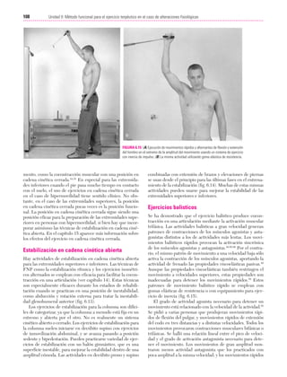 Cap. 06

23/3/06

20:39

Página 108

108

Unidad II: Método funcional para el ejercicio terpéutico en el caso de alteraciones fisiológicas
...................................................................................................................................................

FIGURA 6.15 (A) Ejecución de movimientos rápidos y alternantes de flexión y extensión
del hombro en el extremo de la amplitud del movimiento usando un sistema de ejercicio
con inercia de impulso. (B) La misma actividad utilizando goma elástica de resistencia.

mento, como la cocontracción muscular con una posición en
cadena cinética cerrada.34,35 En especial para las extremidades inferiores cuando el pie pasa mucho tiempo en contacto
con el suelo, el uso de ejercicios en cadena cinética cerrada
en el caso de hipermovilidad tiene sentido clínico. No obstante, en el caso de las extremidades superiores, la posición
en cadena cinética cerrada pocas veces es la posición funcional. La posición en cadena cinética cerrada sigue siendo una
posición eficaz para la preparación de las extremidades superiores en personas con hipermovilidad, si bien hay que incorporar asimismo las técnicas de estabilización en cadena cinética abierta. En el capítulo 15 aparece más información sobre
los efectos del ejercicio en cadena cinética cerrada.

Estabilización en cadena cinética abierta
Hay actividades de estabilización en cadena cinética abierta
para las extremidades superiores e inferiores. Las técnicas de
FNP como la estabilización rítmica y los ejercicios isométricos alternados se emplean con eficacia para facilitar la cocontracción en una articulación (ver capítulo 14). Estas técnicas
son especialmente eficaces durante los estadios de rehabilitación cuando se practican en una posición de inestabilidad,
como abducción y rotación externa para tratar la inestabilidad glenohumeral anterior (fig. 6.13).
Los ejercicios de estabilización para la columna son difíciles de categorizar, ya que la columna a menudo está fija en un
extremo y abierta por el otro. No es realmente un sistema
cinético abierto o cerrado. Los ejercicios de estabilización para
la columna suelen iniciarse en decúbito supino con ejercicios
de inmovilización abdominal, y se avanza pasando a posición
sedente y bipedestación. Pueden practicarse variedad de ejercicios de estabilización con un balón gimnástico, que es una
superficie inestable, para mejorar la estabilidad dentro de una
amplitud cómoda. Las actividades en decúbito prono y supino

combinadas con extensión de brazos y elevaciones de piernas
se usan desde el principio para las últimas fases en el entrenamiento de la estabilización (fig. 6.14). Muchas de estas mismas
actividades pueden usarse para mejorar la estabilidad de las
extremidades superiores e inferiores.

Ejercicios balísticos
Se ha demostrado que el ejercicio balístico produce cocontracción en una articulación mediante la activación muscular
trifásica. Las actividades balísticas a gran velocidad generan
patrones de contracciones de los músculos agonistas y antagonistas distintos a los de actividades más lentas. Los movimientos balísticos rápidos provocan la activación sincrónica
de los músculos agonistas y antagonistas.49,58,86 Por el contrario, el mismo patrón de movimiento a una velocidad baja sólo
activa la contracción de los músculos agonistas, aportando la
actividad de frenado las propiedades viscoelásticas pasivas.49
Aunque las propiedades viscoelásticas también restringen el
movimiento a velocidades superiores, estas propiedades son
inadecuadas para detener los movimientos rápidos.58 Estos
patrones de movimiento balístico rápido se emplean con
gomas elásticas de resistencia o con equipamiento para ejercicio de inercia (fig. 6.15).
El grado de actividad agonista necesario para detener un
movimiento está relacionado con la velocidad de la actividad.58
Se pidió a varias personas que produjeran movimientos rápidos de flexión del pulgar, y movimientos rápidos de extensión
del codo en tres distancias y a distintas velocidades. Todos los
movimientos provocaron contracciones musculares bifásicas o
trifásicas. Se halló una relación lineal entre el pico de velocidad y el grado de activación antagonista necesario para detener el movimiento. Los movimientos de gran amplitud mostraron menos actividad antagonista que los practicados con
poca amplitud a la misma velocidad; y los movimientos rápidos

 