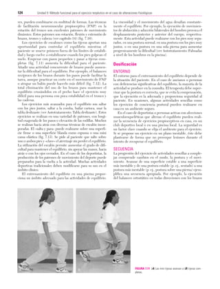 Cap. 07

23/3/06

20:38

Página 124

124

Unidad II: Método funcional para el ejercicio terpéutico en el caso de alteraciones fisiológicas
...................................................................................................................................................

res, pueden combinarse en multitud de formas. Las técnicas
de facilitación neuromuscular propioceptiva (FNP) en la
rotación del tronco son excelentes patrones de movimiento
dinámico. Estos patrones son rotación, flexión y extensión de
brazos, tronco y cabeza (ver capítulo 14) (fig. 7.10).
Los ejercicios de escalones como las tijeras aportan una
oportunidad para controlar el equilibrio mientras el
paciente se mueve primero fuera de los límites de estabilidad y luego vuelve a estabilizarse cuando los pies golpean el
suelo. Empezar con pasos pequeños y pasar a tijeras completas (fig. 7.11) aumenta la dificultad para el paciente.
Añadir una actividad concurrente de brazos puede aumentar la dificultad para el equilibrio. Por ejemplo, el balanceo
recíproco de los brazos durante los pasos puede facilitar la
tarea, aunque practicar un corte en el movimiento de FNP
o atrapar un balón puede hacerlo más difícil (fig. 7.12). La
total eliminación del uso de los brazos para mantener el
equilibrio cruzándolos en el pecho hace el ejercicio muy
difícil para una persona con poca estabilidad en el tronco y
las caderas.
Los ejercicios más avanzados para el equilibrio son saltar
con los pies juntos, saltar a la comba, bailar carioca, usar la
tabla deslizante (ver Autotratamiento: Tabla deslizante). Estos
ejercicios se realizan en una variedad de patrones, con longitud exagerada de los pasos o elevación de las rodillas. Muchos
se realizan hacia atrás con diversas técnicas de escalón incorporadas. El «salta y para» puede realizarse sobre una superficie firme o una superficie blanda como espuma o una mini
cama elástica (fig. 7.13). Se pide al paciente que salte sobre
uno o ambos pies y «clave» el aterrizaje sin perder el equilibrio.
La utilización del escalón permite aumentar el grado de dificultad para mantener el equilibrio, sin apoyar las manos, hacia
atrás o con los ojos cerrados. En el caso de los deportistas, la
producción de los patrones de movimiento del deporte puede
prepararlos para la vuelta a la actividad. Muchas actividades
deportivas tradicionales deben modificarse para su uso en el
ámbito clínico.
El entrenamiento del equilibrio en una piscina proporciona un ámbito adecuado para las actividades de equilibrio.

La viscosidad y el movimiento del agua desafían constantemente el equilibrio. Por ejemplo, la ejecución de movimientos de abducción y aducción bilaterales del hombro provoca el
desplazamiento posterior y anterior del cuerpo, respectivamente. Esta actividad puede realizarse con los pies muy separados, en una postura normal, en una postura con los pies muy
juntos, o en una postura en una sola pierna para aumentar
progresivamente la dificultad (ver Autotratamiento: Palmadas
a nivel de los hombros en la piscina).

Dosificación
ENTORNO
El entorno para el entrenamiento del equilibrio depende de
la situación del paciente. En el caso de ancianos o personas
con deficiencias significativas del equilibrio, la mayoría de la
actividad se produce en la consulta. El terapeuta debe supervisar que la postura es correcta, que se evita la compensación,
que la ejecución es la adecuada y proporciona seguridad al
paciente. En ocasiones, algunas actividades sencillas como
los ejercicios de conciencia postural pueden realizarse en
casa en un ambiente seguro.
En el caso de deportistas o personas activas con afecciones
musculoesqueléticas que alteran el equilibrio pueden realizar la secuencia de ejercicios propioceptivos en casa, en un
club deportivo local o en una piscina local. La seguridad es
un factor clave cuando se elija el ambiente para el ejercicio.
Si se propone un ejercicio en un plano inestable, éste debe
plantearse de forma que no provoque lesiones durante el
intento de recuperar el equilibrio.

SECUENCIA
La progresión del ejercicio de actividades sencillas a complejas comprende cambios en el modo, la postura y el movimiento. Avanzar de una superficie estable a una superficie
más inestable y de una postura estable (p. ej., sentado) a una
postura más inestable (p. ej., postura sobre una pierna) ejemplifica una secuencia apropiada. Por ejemplo, la ejecución
del balanceo ortostático en todas direcciones con los brazos

FIGURA 7.11 (A) Las mini tijeras avanzan a (B) tijeras completas.

 