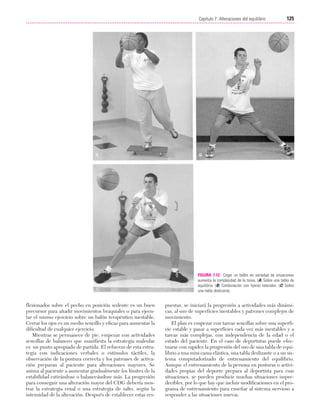 Cap. 07

23/3/06

20:38

Página 125

125
Capítulo 7: Alteraciones del equilibrio
....................................................................................................................................................

FIGURA 7.12 Coger un balón en variedad de situaciones
aumenta la complejidad de la tarea. (A) Sobre una tabla de
equilibrio. (B) Combinación con tijeras laterales. (C) Sobre
una tabla deslizante.

flexionados sobre el pecho en posición sedente es un buen
precursor para añadir movimientos braquiales o para ejecutar el mismo ejercicio sobre un balón terapéutico inestable.
Cerrar los ojos es un medio sencillo y eficaz para aumentar la
dificultad de cualquier ejercicio.
Mientras se permanece de pie, empezar con actividades
sencillas de balanceo que manifiesta la estrategia maleolar
es un punto apropiado de partida. El refuerzo de esta estrategia con indicaciones verbales o estímulos táctiles, la
observación de la postura correcta y los patrones de activación preparan al paciente para alteraciones mayores. Se
anima al paciente a aumentar gradualmente los límites de la
estabilidad estirándose o balanceándose más. La progresión
para conseguir una alteración mayor del CDG debería mostrar la estrategia coxal o una estrategia de salto, según la
intensidad de la alteración. Después de establecer estas res-

puestas, se iniciará la progresión a actividades más dinámicas, al uso de superficies inestables y patrones complejos de
movimiento.
El plan es empezar con tareas sencillas sobre una superficie estable y pasar a superficies cada vez más inestables y a
tareas más complejas, con independencia de la edad o el
estado del paciente. En el caso de deportistas puede efectuarse con rapidez la progresión del uso de una tabla de equilibrio a una mini cama elástica, una tabla deslizante o a un sistema computadorizado de entrenamiento del equilibrio.
Aunque el entrenamiento de la persona en posturas o actividades propias del deporte prepara al deportista para esas
situaciones, se pueden producir muchas situaciones impredecibles, por lo que hay que incluir modificaciones en el programa de entrenamiento para enseñar al sistema nervioso a
responder a las situaciones nuevas.

 