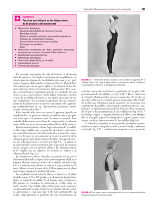 Cap. 08

23/3/06

20:37

Página 131

131
Capítulo 8: Alteraciones en la postura y el movimiento
....................................................................................................................................................
CUADRO 8.1

Factores que influyen en las alteraciones
de la postura y del movimiento
• Alteraciones fisiológicas
Longitud/extensibilidad de músculos y fascias
Movilidad articular
Fuerza o momento muscular y capacidad de resistencia
Patrones de reclutamiento muscular
Sincronización de la activación muscular
Estrategias de equilibrio
Dolor
• Alteraciones anatómicas (es decir, escoliosis estructural,
anteversión de la cadera, dismetría de los miembros)
• Características antropométricas
• Deficiencias psicológicas
• Factores del desarrollo (p. ej., la edad)
• Influencias del entorno
• Enfermedad o patología

Un mensaje importante de esta definición es el vínculo
entre la postura y los tejidos neuromusculoesqueléticos y el
vínculo con los órganos de los distintos sistemas (p. ej., pulmones, órganos abdominales, órganos pélvicos). Esta definición sugiere que, sin un apoyo óptimo, los órganos de los distintos sistemas tal vez no funcionen óptimamente. Por ejemplo, la insuficiencia respiratoria puede ser producto de una
cifosis o una cifoescoliosis.5 Estos fallos posturales pueden
reducir la movilidad del tórax y, por tanto, aumentar el trabajo respiratorio.6 La mecánica respiratoria alterada crónicamente se ha citado como un factor concurrente de la patología cardiopulmonar (p. ej., hipertensión pulmonar, insuficiencia cardíaca derecha).7
Este capítulo sólo tiene en cuenta la postura erguida en
bipedestación. La postura estándar se refiere más a una postura ideal que a la postura más frecuente o normal. Este
estándar debe usarse como base de comparación; las desviaciones de la norma se denominan cifoescoliosis de la postura.
Los términos lordosis, cifosis, hiperextensión de la rodilla,
rodilla valga, rodilla vara y pronación denotan las desviaciones en el alineamiento con referencia a los segmentos corporales. La lordosis es un aumento de la curva anterior de la
columna, por lo general la columna lumbar, pero puede afectar a la columna dorsal o a la cervical (fig. 8.1). La cifosis es
un aumento de la curva posterior, por lo general la columna
dorsal, aunque a veces también afecta a la columna lumbar.
Si se emplea sin un adjetivo, el término se refiere a la
columna dorsal (fig. 8.2).
La anteversión pélvica describe la posición en la que el
plano vertical donde la espina ilíaca anterosuperior (EIAS) es
anterior al plano vertical a través de la sínfisis del pubis (fig.
8.3). La retroversión pélvica se refiere a una posición en la
que el plano vertical a través de la EIAS es posterior al plano
vertical que atraviesa la sínfisis del pubis.
La amplitud normal entre la tibia y el fémur en el plano
frontal es unos 170 a 175 grados y se denomina ángulo fisiológico en valgo de la rodilla.8 Si el ángulo valgo es inferior a
165 grados, se considera la existencia de rodilla valga (es
decir, zambo).9 La rodilla valga estructural puede asociarse
con pronación de los pies, fémures en rotación interna, pelvis
en anteversión y coxa vara (fig. 8.4A) (ver capítulo 20). La
rodilla valga postural es producto de una combinación de

FIGURA 8.1 Anteversión pélvica acusada y curva anterior exagerada de la
columna lumbar. Esta curva se llama lordosis. La anteversión pélvica y la lordosis
se acompañan de flexión de la articulación coxofemoral.

rotación externa de los fémures, supinación de los pies e hiperextensión de las rodillas (ver fig. 8.4B).10 Por el contrario,
si el ángulo tibiofemoral se acerca o supera los 180 grados, se
aprecia rodilla vara (es decir, piernas arqueadas) (fig. 8.5A).9
La rodilla vara estructural puede asociarse con coxa valga (ver
capítulo 20). La rodilla vara postural es producto de una combinación de la rotación interna de los fémures, de la pronación
de los pies y la hiperextensión de las rodillas (ver fig. 8.5B).10
En el plano sagital, el ángulo tibiofemoral debería ser 180 grados. Si el ángulo supera los 180 grados, se aprecia genu recurvatum (es decir, hiperextensión de las rodillas) (fig. 8.6).
La aducción escapular es una posición en reposo o movimiento en que la escápula se sitúa o mueve hacia la columna
vertebral (fig. 8.7). La abducción escapular es una posición

FIGURA 8.2 Esta mujer muestra una exageración de la curva posterior normal de
la columna dorsal. Se denomina cifosis.

 