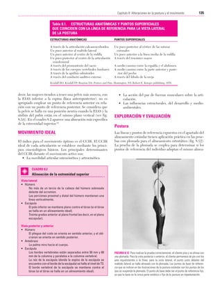 Cap. 08

23/3/06

20:37

Página 135

135
Capítulo 8: Alteraciones en la postura y el movimiento
....................................................................................................................................................
Tabla 8.1. ESTRUCTURAS ANATÓMICAS Y PUNTOS SUPERFICIALES
QUE COINCIDEN CON LA LÍNEA DE REFERENCIA PARA LA VISTA LATERAL
DE LA POSTURA
ESTRUCTURAS ANATÓMICAS

PUNTOS SUPERFICIALES

A través de la articulación calcaneocuboidea
Un poco anterior al maléolo lateral
Un poco anterior al centro de la rodilla
Un poco posterior al centro de la articulación
coxofemoral
A través del promontorio del sacro
A través de los cuerpos vertebrales lumbares
A través de la apófisis odontoides
A través del conducto auditivo externo

Un poco posterior al vértice de las suturas
coronales
Un poco anterior a la línea media de la rodilla
A través del trocánter mayor
A medio camino entre la espalda y el abdomen
A medio camino entre la parte anterior y posterior del pecho
A través del lóbulo de la oreja

Kendall HO, Kendall FP, Bonyton DA. Posture and Pain. Huntington, NY: Robert E. Krieger publishing, 1970.

decir, las mujeres tienden a tener una pelvis más somera, con
la EIAS inferior a la espina ilíaca anteroposterior), no es
apropiado emplear un punto de referencia anterior en relación con un punto de referencia posterior. Se considera que
la pelvis se halla en una posición neutra cuando la EIAS y la
sínfisis del pubis están en el mismo plano vertical (ver fig.
8.3A). En el cuadro 8.2 aparece una alineación más específica
de la extremidad superior.18

MOVIMIENTO IDEAL
El índice para el movimiento óptimo es el CCIR. El CCIR
ideal de cada articulación se establece mediante los principios cinesiológicos básicos. Los principales determinantes
del CCIR durante el movimiento activo son:
• La movilidad articular osteocinética y artrocinética.

• La acción del par de fuerzas musculares sobre la articulación.
• Las influencias estructurales, del desarrollo y medioambientales.

EXPLORACIÓN Y EVALUACIÓN
Postura
Las líneas y puntos de referencia expuestos en el apartado del
alineamiento estándar tienen aplicación práctica en las pruebas con plomada para el alineamiento ortostático (fig. 8.12).
La prueba de la plomada se emplea para determinar si los
puntos de referencia del individuo adoptan el mismo alinea-

CUADRO 8.2

Alineación de la extremidad superior
Vista lateral
• Húmero
No más de un tercio de la cabeza del húmero sobresale
delante del acromion.
Las porciones proximal y distal del húmero mantienen una
línea verticalmente.
• Escápula
El polo inferior se mantiene plano contra el tórax (si el tórax
se halla en un alineamiento ideal).
Treinta grados anterior al plano frontal (es decir, en el plano
escapular).
Vista posterior y anterior
• Húmero
El pliegue del codo se orienta en sentido anterior, y el olécranon se orienta en sentido posterior.
• Antebrazo
La palma mira hacia el cuerpo.
• Escápula
Los bordes vertebrales están separados entre 50 mm y 60
mm de la columna y paralelos a la columna vertebral.
La raíz de la escápula (donde la espina de la escápula se
encuentra con el borde de la escápula) se halla al nivel de T3.
El borde vertebral de la escápula se mantiene contra el
tórax (si el tórax se halla en un alineamiento ideal).

FIGURA 8.12 Para realizar la prueba correctamente, el cliente pisa y se alinea con
una plomada. Para la vista posterior o anterior, el cliente permanece de pie con los
pies equidistantes a la línea; para la vista lateral, el punto justo delante del
maléolo lateral se halla alineado con la plomada. Los puntos de base de referencia que se indican en las ilustraciones de la postura estándar son los puntos de los
que se suspende la plomada. El punto de base debe ser el punto de referencia fijo,
ya que la base es la única parte estática o fija de la postura en bipedestación.

 