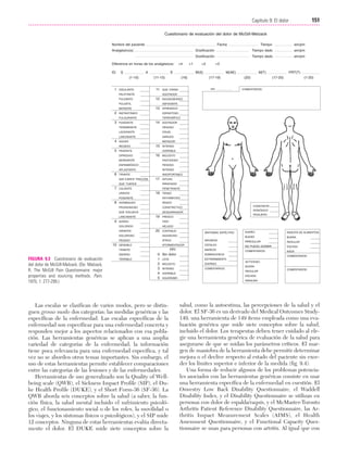 Cap. 09

23/3/06

20:36

Página 151

151
Capítulo 9: El dolor
....................................................................................................................................................
Cuestionario de evaluación del dolor de McGill-Melzack
Nombre del paciente

Fecha

Analgésico(s)

Tiempo

ID:

S

A
(1-10)

1

OSCILANTE

E

11

2

12

INSTANTÁNEO

PUNZANTE

ESPANTOSO
TERRORÍFICO

14

AGOTADOR

SAÑUDO

AGUDO

MATADOR

15

PINZANTE

INTENSO
HORRIBLE

16

MOLESTO

MORDIENTE

FASTIDIOSO

ESPASMÓDICO

PENOSO

APLASTANTE

INTENSO

TIRANTE
QUE EJERCE TRACCIÓN

INSOPORTABLE

17

QUE TUERCE

DIFUSO
IRRADIADO

CALIENTE
URENTE

PENETRANTE

18

TENSO

PUNZANTE

ENTUMECIDO

HORMIGUEO

RÍGIDO

PRURIGINOSO

CONSTRICTIVO

QUE ESCUECE

DESGARRADOR

LANCINANTE

9

19

SORDO

HIRIENTE

CONSTANTE
PERIÓDICO
PASAJERO

FRESCO
FRÍO

DOLORIDO

HELADO

20

CONTINUO
NAUSEOSO

PESADO

ATROZ

NÁUSEAS

SENSIBLE

ATORMENTADOR

CEFALEA
MAREOS

TIRANTE
ÁSPERO

FIGURA 9.3 Cuestionario de evaluación
del dolor de McGill-Melzack. (De: Melzack,
R. The McGill Pain Questionnaire: major
properties and sourcing methods. Pain.
1975; 1: 277-299.)

TERRIBLE

PPI
0 Sin dolor
1 LEVE
2 MOLESTO
3 INTENSO
4 HORRIBLE
5 AGUDÍSIMO

Las escalas se clasifican de varios modos, pero se distinguen grosso modo dos categorías; las medidas genéricas y las
específicas de la enfermedad. Las escalas específicas de la
enfermedad son específicas para una enfermedad concreta y
responden mejor a los aspectos relacionados con esa población. Las herramientas genéricas se aplican a una amplia
variedad de categorías de la enfermedad; la información
tiene poca relevancia para una enfermedad específica, y tal
vez no se aborden otros temas importantes. Sin embargo, el
uso de estas herramientas permite establecer comparaciones
entre las categorías de las lesiones y de las enfermedades.
Herramientas de uso generalizado son la Quality of Wellbeing scale (QWB), el Sickness Impact Profile (SIP), el Duke Health Profile (DUKE), y el Short Form-36 (SF-36). La
QWB aborda seis conceptos sobre la salud (a saber, la función física, la salud mental incluido el sufrimiento psicológico, el funcionamiento social o de los roles, la movilidad o
los viajes, y los síntomas físicos o psicológicos), y el SIP mide
12 conceptos. Ninguna de estas herramientas evalúa directamente el dolor. El DUKE mide siete conceptos sobre la

SUEÑO:

INGESTA DE ALIMENTOS:

BUENO

SÍNTOMAS SATÉLITES:

DOLOROSO

10

COMENTARIOS:

CRUEL

OPRESIVO

8

(1-20)

PENOSO

INCISIVO

7

PRT(T)
(17-20)

APRENSIVO

LANCINANTE

6

M(T)
(20)

NAUSEABUNDO

LACERANTE

5

M(AE)
(17-19)

PPI

QUE CANSA

TEREBRANTE

4

(16)

am/pm

+3

ASFIXIANTE

13

FULGURANTE

3

+2

AGOTADOR

PULSÁTIL
BATIENTE

+1

M(S)

(11-15)

PALPITANTE
PULSANTE

+4

am/pm

Tiempo dado

Dosificación
Diferencia en horas de los analgésicos:

am/pm

Tiempo dado

Dosificación

BUENA

IRREGULAR

REGULAR

NO PUEDO DORMIR

ESCASA

COMENTARIOS:

NADA

SOMNOLENCIA
ESTREÑIMIENTO
DIARREA
COMENTARIOS:

COMENTARIOS:
ACTIVIDAD:
BUENA
REGULAR

COMENTARIOS:

ESCASA
NINGUNA

salud, como la autoestima, las percepciones de la salud y el
dolor. El SF-36 es un derivado del Medical Outcomes Study149, una herramienta de 149 ítems empleada como una evaluación genérica que mide siete conceptos sobre la salud,
incluido el dolor. Los terapeutas deben tener cuidado al elegir una herramienta genérica de evaluación de la salud para
asegurarse de que se midan los parámetros críticos. El margen de maniobra de la herramienta debe permitir determinar
mejora o el declive respecto al estado del paciente sin exceder los límites superior e inferior de la medida (fig. 9.4).
Una forma de reducir algunos de los problemas potenciales asociados con las herramientas genéricas consiste en usar
una herramienta específica de la enfermedad en cuestión. El
Oswestry Low Back Disability Questionnaire, el Waddell
Disability Index, y el Disability Questionnaire se utilizan en
personas con dolor de espalda/raquis, y el McMaster-Toronto
Arthritis Patient Reference Disability Questionnaire, las Arthritis Impact Measurement Scales (AIMS), el Health
Assessment Questionnaire, y el Functional Capacity Questionnaire se usan para personas con artritis. Al igual que con

 