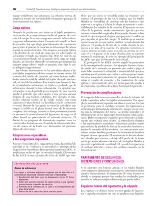 Cap. 10

23/3/06

20:36

Página 172

172

Unidad III: Consideraciones fisiológicas especiales sobre el ejercicio terapéutico
...................................................................................................................................................

masaje restablecen esas relaciones. La relación normal de
longitud y tensión del músculo debe recuperarse para que el
funcionamiento sea óptimo.

Carga óptima
Después de producirse una lesión en el tejido conjuntivo,
una cascada de acontecimientos facilita el proceso de curación del cuerpo. Si se interrumpe esta cascada, tal vez sobrevenga una inflamación crónica. Durante cada una de las fases
de curación, hay que elegir procedimientos de tratamiento
que ayuden al proceso de curación sin interrumpir la cadena
normal de acontecimientos. Esto requiere una carga óptima
o la elección de un nivel de carga que no sobrecargue ni
infracargue el tejido en curación (fig. 10.6). Se necesita un
conocimiento profundo del mecanismo de la carga del tejido
dañado, así como los planos de movimiento que imponen las
mayores cargas sobre el tejido en curación, con el fin de que
se apliquen cargas óptimas.
Los efectos biomecánicos de las actividades diarias y las
actividades terapéuticas deben tenerse en cuenta dentro del
contexto del estadio de curación, así como factores individuales como la edad, la calidad del tejido, el estado nutricional y el nivel de forma física. Una tensión que durante la fase
de remodelación infracargue un tejido es probable que lo
sobrecargue durante la fase inflamatoria. Un ejercicio que
infracargue a un deportista joven después de una fractura
aguda es probable que sobrecargue a una persona anciana
después de una fractura patológica. Por ejemplo, el ligamento colateral medial de la rodilla soporta una carga
máxima en el plano frontal con la rodilla cerca de la extensión
terminal. Durante la fase aguda, se evitan las actividades que
cargan la rodilla en el plano frontal cerca de la extensión
completa. Sin embargo, durante las fases posteriores, cuando
es necesaria la remodelación del ligamento, la carga en el
plano frontal es precisamente el estímulo necesario. El
diseño de un programa de tratamiento requiere tener en
cuenta todos los factores en el modelo de intervención dentro del marco de la lesión (ver Instrucción del paciente:
Signos de sobrecarga).

Adaptaciones específicas
a las exigencias impuestas
Aunque el concepto de la carga óptima regula la cantidad de
actividad (p. ej., el volumen, la intensidad), el principio de las
adaptaciones específicas a las exigencias impuestas (AEEI) se
amplía para incluir el tipo de actividad elegida. El principio
de las AEEI es una extensión de la ley de Wolff, que estaInstrucción del paciente
Signos de sobrecarga
Los signos y síntomas siguientes sugieren que el ejercicio o la
actividad son excesivos y deben reducirse o modificarse:
1. Agudización del dolor que no desaparece en las 12 horas
siguientes.
2. Dolor que aumenta durante la sesión previa o que aparece
pronto durante la sesión de ejercicio.
3. Aumento de la tumefacción, el calor o el enrojecimiento del
área de la lesión.
4. Reducción de la capacidad para usar esa parte.

blece que un hueso se remodela según las tensiones que
soporta. El principio de las AEEI implica que los tejidos
blandos se remodelan de acuerdo con las tensiones que
soportan, y se aplica a la hora de elegir un ejercicio o actividad durante los estadios de la curación. El ejercicio es específico de la postura, modo, movimiento, tipo de ejercicio,
entorno e intensidad empleados. Por ejemplo, durante la fase
inicial, el ejercicio puede elegirse para preparar el cuádriceps
para soportar el peso del cuerpo. El cuádriceps se contrae
excéntricamente en una cadena cinética cerrada durante los
primeros 15 grados de flexión de la rodilla durante la respuesta a la carga de la marcha. Un ejercicio excéntrico en
cadena cinética cerrada como un press de piernas de arco
corto (0 a 15 grados) es la mejor elección ante un ejercicio
estático de cuádriceps. Es éste un ejemplo del principio de
las AEEI que guía la elección de la actividad.
El principio de las AEEI también regula los parámetros
de la prescripción de ejercicio. Por ejemplo, durante el estadio tardío de la curación, un paciente que vuelve a jugar al
tenis debe aumentar la velocidad e intensidad del ejercicio,
mientras que el paciente que vuelve a entrenar para el maratón debe aumentar la duración del ejercicio. Cuando lo permitan el estadio de curación y los parámetros de carga
óptima, el entrenamiento debe ser lo más parecido posible a
las exigencias específicas de la tarea funcional del paciente.

Prevención de complicaciones
El terapeuta debe tener en cuenta los efectos de la lesión del
tejido conjuntivo sobre los tejidos circundantes. Por ejemplo, la inmovilización impuesta mientras se cura una fractura
es perniciosa para el cartílago articular, los ligamentos y
músculos que circundan la articulación, aunque sea necesaria para la reparación del hueso. La atrofia muscular y el
debilitamiento de los ligamentos inmovilizados están asegurados. Debe incorporarse cualquier procedimiento de tratamiento que reduzca estos efectos. La estimulación eléctrica
o las contracciones musculares isométricas pueden usarse
para reducir la pérdida de fuerza de músculos, tendones y
puntos de inserción de los tendones. Las contracciones musculares activas también previenen la formación de trombos
después de una operación. El movimiento de las articulaciones situadas por encima y debajo del punto de la lesión
puede preservar algunas relaciones de los tejidos blandos y
prevenir la pérdida de movilidad. El peso del cuerpo carga
el cartílago articular y reduce los cambios causados por la
inmovilización.

TRATAMIENTO DE ESGUINCES,
DISTENSIONES Y CONTUSIONES
A los pacientes con lesiones agudas en los tejidos blandos
como esguinces, distensiones musculares y contusiones suelen
tratarlos fisioterapeutas. El tratamiento de estas lesiones se
aborda en conjunto porque son muchas las similitudes, pero
también se subraya cualquier diferencia que pueda haber.

Esguince: lesión del ligamento y la cápsula
Los esguinces se definen como lesiones agudas de ligamentos o cápsulas articulares sin que se produzca una luxación.

 