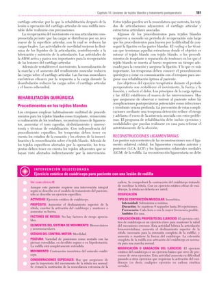 Cap. 10

23/3/06

20:36

Página 181

181
Capítulo 10: Lesiones de tejidos blandos y tratamiento postoperatorio
....................................................................................................................................................
cartílago articular, por lo que la rehabilitación después de la
lesión u operación del cartílago articular de una rodilla inestable debe realizarse con precauciones.
La recuperación del movimiento en una articulación comprometida permite que las cargas se distribuyan por un área
mayor de la superficie articular, con lo cual se reducen las
cargas focales. Las actividades de movilidad mejoran la dinámica de los líquidos de la articulación, contribuyendo a la
lubricación y nutrición de la articulación. Las actividades de
la ADM activa y pasiva son importantes para la recuperación
de las lesiones del cartílago articular.
Además de restablecer el movimiento, la normalización de
la marcha y el aumento del rendimiento muscular reducen
las cargas sobre el cartílago articular. Las fuerzas musculares
excéntricas eficaces por la respuesta a la carga durante la
deambulación reducen las cargas sobre el cartílago articular
y el hueso subcondral.

REHABILITACIÓN QUIRÚRGICA
Procedimientos en los tejidos blandos
Los cirujanos emplean habitualmente multitud de procedimientos para los tejidos blandos como trasplante, reinserción
o realineación de los tendones, reconstrucciones de ligamentos, aumentar el tono capsular, desbridamiento y sinovectomía y técnicas de estabilización. Con independencia del
procedimiento específico, los terapeutas deben tener en
cuenta los estadios de la curación y los efectos de la inmovilización y la removilización sobre el tejido blando. Además de
los tejidos específicos afectados por la operación, los terapeutas deben tener en cuenta los tejidos adyacentes que se
hayan visto afectados indirectamente por la intervención.

Estos tejidos pueden ser la musculatura que sustenta, los tejidos de articulaciones adyacentes, el cartílago articular y
estructuras articulares asociadas.
Algunos de los procedimientos para tejidos blandos
requieren a menudo un período de recuperación más largo
que los procedimientos para huesos por la dificultad de conseguir la fijación en las partes blandas. El reefing o las técnicas que tensionan aquellas estructuras donde el objetivo es
suturar el tejido blando con tejido blando, o los procedimientos de trasplante o reparación de tendones en los que el
tejido blando se inserta al hueso requieren un tiempo adecuado para la curación y asegurar la fijación. Y lo que es más
importante, los terapeutas deben conocer el procedimiento
quirúrgico y estar en comunicación con el cirujano para asegurar una rehabilitación óptima al paciente.
Los objetivos del ejercicio terapéutico durante el período
peroperatorio son restablecer el movimiento, la fuerza y la
función, y reducir el dolor. Los principios de la carga óptima
y las AEEI establecen el marco de las intervenciones. Hay
que asegurarse de observar e instruir al paciente sobre las
complicaciones postoperatorias potenciales como infecciones
y trombosis venosa profunda. La prevención de estas complicaciones mediante una temprana detección reduce el riesgo
y adelanta el curso de la asistencia asociada con estos problemas. El programa de rehabilitación debe incluir ejercicios y
modalidades que puedan realizarse en casa para reforzar el
autotratamiento de la afección.

RECONSTRUCCIONES LIGAMENTARIAS
Los puntos más corrientes de las reconstrucciones son el ligamento colateral cubital, los ligamentos cruzados anterior y
posterior (LCA, LCP) y los ligamentos colaterales mediales
(LCM) de la rodilla. La reconstrucción ligamentaria no debe

INTERVENCIÓN SELECCIONADA

Ejercicio estático de cuádriceps para paciente con una lesión de rodilla
Ver caso clínico #6
Aunque este paciente requiere una intervención integral
según se describe en el modelo de tratamiento del paciente,
sólo se describe un ejercicio específico.
ACTIVIDAD: Ejercicio estático de cuádriceps.
PROPÓSITO: Aumentar el deslizamiento superior de la
rótula, enseñar la activación del cuádriceps y mantener o
aumentar su fuerza.
FACTORES DE RIESGO: No hay factores de riesgo apreciables.
ELEMENTOS DEL SISTEMA DE MOVIMIENTO: Biomecánicos
y neuromusculares.
ESTADIO DEL CONTROL MOTOR: Movilidad.
POSTURA: Variedad de posiciones como sentado con las
piernas extendidas, en decúbito supino o en bipedestación.
La rodilla está completamente extendida.
MOVIMIENTO: Contracción isométrica del músculo cuádriceps.
CONSIDERACIONES ESPECIALES: Hay que asegurarse de
que la trayectoria del movimiento de la rótula sea normal.
Se evitará la sustitución de la musculatura extensora de la

cadera. Se comprobará la contracción del cuádriceps tratando
de movilizar la rótula. Con un ejercicio estático eficaz de cuádriceps, la rótula no debería ser móvil.
DOSIFICACIÓN
TIPO DE CONTRACCIÓN MUSCULAR: Isométrica.
Intensidad: Submáxima a máxima.
Duración: Se mantiene 6 segundos hasta 30 repeticiones.
Frecuencia: Cada hora o con la mayor frecuencia posible.
Ámbito: En casa.
EXPLICACIÓN DEL PROPÓSITO DEL EJERCICIO: El ejercicio estático de cuádriceps es un ejercicio clave para mantener la salud
del mecanismo extensor. Esta actividad lubrica la articulación
femororrotuliana, aumenta el deslizamiento superior de la
rótula (necesario para la extensión completa de la rodilla), y
aumenta o mantiene la fuerza del cuádriceps. La extensión
completa de la rodilla con activación del cuádriceps es necesaria para una marcha normal.
MODIFICACIÓN O GRADACIÓN DEL EJERCICIO: El ejercicio
estático del cuádriceps es un ejercicio básico que sirve de precursor de otros ejercicios. Esta actividad aumenta en dificultad
pasando a otros ejercicios que requieran la activación del cuádriceps (es decir, cualquier ejercicio en cadena cinética
cerrada).

 