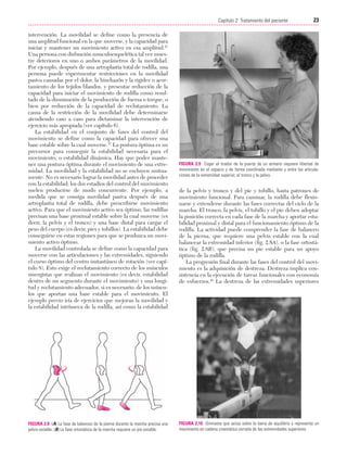 Cap. 02

23/3/06

20:41

Página 23

23
Capítulo 2: Tratamiento del paciente
....................................................................................................................................................
intervención. La movilidad se define como la presencia de
una amplitud funcional en la que moverse, y la capacidad para
iniciar y mantener un movimiento activo en esa amplitud.47
Una persona con disfunción musculoesquelética tal vez muestre deterioros en uno o ambos parámetros de la movilidad.
Por ejemplo, después de una artroplastia total de rodilla, una
persona puede experimentar restricciones en la movilidad
pasiva causadas por el dolor, la hinchazón y la rigidez o acortamiento de los tejidos blandos, y presentar reducción de la
capacidad para iniciar el movimiento de rodilla como resultado de la disminución de la producción de fuerza o torque, o
bien por reducción de la capacidad de reclutamiento. La
causa de la restricción de la movilidad debe determinarse
atendiendo caso a caso para dictaminar la intervención de
ejercicio más apropiada (ver capítulo 6).
La estabilidad en el conjunto de fases del control del
movimiento se define como la capacidad para ofrecer una
base estable sobre la cual moverse.47 La postura óptima es un
precursor para conseguir la estabilidad necesaria para el
movimiento, o estabilidad dinámica. Hay que poder mantener una postura óptima durante el movimiento de una extremidad. La movilidad y la estabilidad no se excluyen mutuamente. No es necesario lograr la movilidad antes de proceder
con la estabilidad; los dos estadios del control del movimiento
suelen producirse de modo concurrente. Por ejemplo, a
medida que se consiga movilidad pasiva después de una
artroplastia total de rodilla, debe prescribirse movimiento
activo. Para que el movimiento activo sea óptimo, las rodillas
precisan una base proximal estable sobre la cual moverse (es
decir, la pelvis y el tronco) y una base distal para cargar el
peso del cuerpo (es decir, pies y tobillos). La estabilidad debe
conseguirse en estas regiones para que se produzca un movimiento activo óptimo.
La movilidad controlada se define como la capacidad para
moverse con las articulaciones y las extremidades, siguiendo
el curso óptimo del centro instantáneo de rotación (ver capítulo 8). Esto exige el reclutamiento correcto de los músculos
sinergistas que realizan el movimiento (es decir, estabilidad
dentro de un segmento durante el movimiento) y una longitud y reclutamiento adecuados, si es necesario, de los músculos que aportan una base estable para el movimiento. El
ejemplo previo iría de ejercicios que mejoran la movilidad y
la estabilidad intrínseca de la rodilla, así como la estabilidad

FIGURA 2.8 (A) La fase de balanceo de la pierna durante la marcha precisa una
pelvis estable. (B) La fase ortostática de la marcha requiere un pie estable.

FIGURA 2.9 Coger el tirador de la puerta de un armario requiere libertad de
movimiento en el espacio y de forma coordinada mediante y entre las articulaciones de la extremidad superior, el tronco y la pelvis.

de la pelvis y tronco y del pie y tobillo, hasta patrones de
movimiento funcional. Para caminar, la rodilla debe flexionarse y extenderse durante las fases correctas del ciclo de la
marcha. El tronco, la pelvis, el tobillo y el pie deben adoptar
la posición correcta en cada fase de la marcha y aportar estabilidad proximal y distal para el funcionamiento óptimo de la
rodilla. La actividad puede comprender la fase de balanceo
de la pierna, que requiere una pelvis estable con la cual
balancear la extremidad inferior (fig. 2.8A), o la fase ortostática (fig. 2.8B), que precisa un pie estable para un apoyo
óptimo de la rodilla.
La progresión final durante las fases del control del movimiento es la adquisición de destreza. Destreza implica consistencia en la ejecución de tareas funcionales con economía
de esfuerzos.48 La destreza de las extremidades superiores

FIGURA 2.10 Gimnasta que actúa sobre la barra de equilibrio y representa un
movimiento en cadena cinemática cerrada de las extremidades superiores.

 