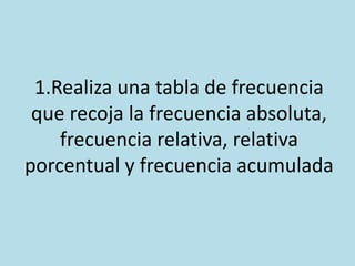 1.Realiza una tabla de frecuencia
que recoja la frecuencia absoluta,
frecuencia relativa, relativa
porcentual y frecuencia acumulada
 