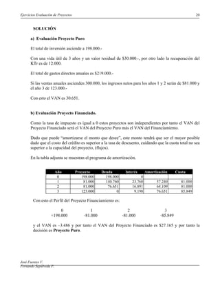 Ejercicios Evaluación de Proyectos                                                                        20


        SOLUCIÓN

      a) Evaluación Proyecto Puro

      El total de inversión asciende a 198.000.-

      Con una vida útil de 3 años y un valor residual de $30.000.-, por otro lado la recuperación del
      KTr es de 12.000.

      El total de gastos directos anuales es $219.000.-

      Si las ventas anuales ascienden 300.000, los ingresos netos para los años 1 y 2 serán de $81.000 y
      el año 3 de 123.000.-

      Con esto el VAN es 30.651.


      b) Evaluación Proyecto Financiado.

      Como la tasa de impuesto es igual a 0 estos proyectos son independientes por tanto el VAN del
      Proyecto Financiado será el VAN del Proyecto Puro más el VAN del Financiamiento.

      Dado que puede “amortizarse el monto que desee”, este monto tendrá que ser el mayor posible
      dado que el costo del crédito es superior a la tasa de descuento, cuidando que la cuota total no sea
      superior a la capacidad del proyecto, (flujos).

      En la tabla adjunta se muestran el programa de amortización.


                        Año          Proyecto      Deuda        Interés      Amortización      Cuota
                         0              198.000      198.000             0
                         1               81.000      140.760        23.760         57.240        81.000
                         2               81.000       76.651        16.891         64.109        81.000
                         3              123.000            0         9.198         76.651        85.849

        Con esto el Perfil del Proyecto Financiamiento es:

                         0                   1                    2                    3
                    +198.000             -81.000               -81.000               -85.849

        y el VAN es –3.486 y por tanto el VAN del Proyecto Financiado es $27.165 y por tanto la
        decisión es Proyecto Puro.




José Fuentes V.
Fernando Sepúlveda P.
 