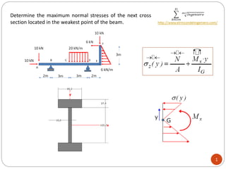 1
Determine the maximum normal stresses of the next cross
section located in the weakest point of the beam.
 
