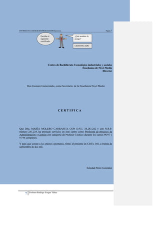 INFORMÁTICA/EJERCICIOS/PROCESADOR/Ejercicios                                      Página 7


                      Escribe el                      ¿Qué nombre le
                      siguiente                       pongo?
                      certificado.

                                                      CERTIFICADO




                              Centro de Bachillerato Tecnológico industriales y sociales
                                                            Enseñanza de Nivel Medio
                                                                               Director




          Don Gumaro Gumersindo, como Secretaria de la Enseñanza Nivel Medio




                                           CERTIFICA




Que Dña. MARÍA MOLERO CARRASCO, CON D.N.I. 38.283.282 y con N.R.P.
número 283.238, ha prestado servicios en este centro como Profesora de procesos de
Administración y Gestión con categoría de Profesor Técnico durante los cursos 96/97 y
97/98 completos.

Y para que conste a los efectos oportunos, firmo el presente en CBTis 166, a treinta de
septiembre de dos mil.




                                                                  Soledad Pérez González




           Profesor Rodrigo Vargas Yáñez
      7
 