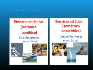 Ejercicio dinámico
(isotónico
aeróbico)
(grandes grupos
musculares)
Ejercicio estático
(isométrico
anaeróbico)
(pequeños grupos
musculares).
Tipos de ejercicio
 