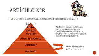  La Categoría de la Carrera Académica Ordinaria tendrá los siguientes rangos: 
Profesor 
titular 
Profesor 
asociado 
Pro...
