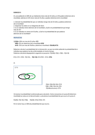 EJERCICO 3
En una población el 20% de sus habitantes tiene más de 55 años y el 2% padece deterioro de la
movilidad, además el 21% tiene más de 55 años o padece deterioro de la movilidad:
1. Calcular la probabilidad de que un individuo tenga más de 55 años y padezca deterioro
de la movilidad.
2. Organizar los datos en un diagrama de Venn.
3. Si un individuo tiene deterioro de la movilidad. ¿Cuál es la probabilidad de que tenga
más de 55?
4. Si un individuo es menor de 55 años. ¿Cuál es la probabilidad de que padezca
deterioro de la movilidad?
RESPUESTAS
1) P(A)= 20% con mas de 55 años= 0’2
P(B)= 2% con deterioro de la movilidad=0’02
A+B= 21% con mas de 55años y deterioro movilidad= P(AUB)=0’21
Debemos calcular la probabilidad de la intersección, ya que nos están pidiendo la probabilidad de n
individuo que padezca las dos enfermedades al mismo tiempo.
Podemos calcularla despejando la siguiente ecuacacion: P(AUB)= P(A) + P(B) – P(A∩B)
0’21= 0’2 + 0’02 - P(A∩B) ; P(A∩B)= 0’2+0’02 – 0’21= 0’01
2)
P(A)= P(A)-P(A∩B)= 0’19
P(B) = P(B)- P(A∩B= 0’01
P(AUBcontrario)= 0’79
3) Usamos la probabilidad condicionada para calcularlo. Como conocemos el suceso B( deterioro
movilidad) se coloca en el denominador y calculamos la probabilidad de que ocurra el suceso A
P(A/B)= P(A∩B) / P(B); P(A/B)= 0’01/ 0’02= 0’5
Por lo tanto hay un 50% de probabilidad de que ocurra.
 
