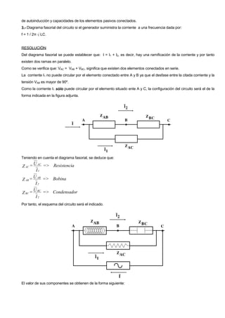 de autoinducción y capacidades de los elementos pasivos conectados.
3.- Diagrama fasorial del circuito si el generador suministra la corriente a una frecuencia dada por:
f = 1 / 2π √ LC.


RESOLUCIÓN:
Del diagrama fasorial se puede establecer que: I = I1 + I2, es decir, hay una ramificación de la corriente y por tanto
existen dos ramas en paralelo.
Como se verifica que: VAC = VAB + VBC, significa que existen dos elementos conectados en serie.
La corriente I1 no puede circular por el elemento conectado entre A y B ya que el desfase entre la citada corriente y la
tensión VAB es mayor de 90º.
Como la corriente I1 sólo puede circular por el elemento situado ente A y C, la configuración del circuito será el de la
forma indicada en la figura adjunta.




Teniendo en cuenta el diagrama fasorial, se deduce que:
       U AC => Resistencia
Z AC =
        I1
       U AB => Bobina
Z AB =
        I2
       U BC => Condensador
Z BC =
        I2
Por tanto, el esquema del circuito será el indicado.




El valor de sus componentes se obtienen de la forma siguiente:
 