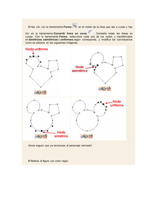 5 Haz clic con la herramienta Forma en el medio de la línea que vas a curvar y haz
clic en la herramienta Convertir línea en curva . Convierte todas las líneas en
curvas. Con la herramienta Forma, selecciona cada uno de los nodos y transfórmalos
en simétricos, asimétricos o uniformes según corresponda, y modifica los sub-trayectos
como se observa en las siguientes imágenes.
Ahora seguro que ya reconoces al personaje animado!
6 Rellena la figura con color negro.
 