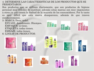 4- DETERMINE LAS CARACTERISTICAS DE LOS PRODUCTOS QUE SE PRESENTARON. Son productos que se utilizan diariamente, que son productos de higiene personal muy difíciles de sustituir, además estas marcas son muy imponentes a otros ya que tienen la lealtad de la mayoría de los consumidores. Por lo tanto es muy difícil que esta marca desaparezca, además de que innova constantemente.  5- MARCA: Dove, sedal. ENVASE: desodorante. Shampoo. EMPAQUE: si tiene. ETIQUETA: todas tienen. EMBAJE: todos tienen.  6- LINEAS DE PRODUCTOS:  