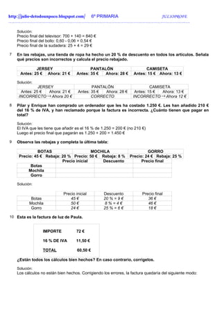 http://julio-detodounpoco.blogspot.com/ 6º PRIMARIA JULIOPROFE
……………………………………………………………………………………………………….….

    Solución:
    Precio final del televisor: 700 + 140 = 840 €
    Precio final del bollo: 0,60 - 0,06 = 0,54 €
    Precio final de la sudadera: 25 + 4 = 29 €

7   En las rebajas, una tienda de ropa ha hecho un 20 % de descuento en todos los artículos. Señala
    qué precios son incorrectos y calcula el precio rebajado.

             JERSEY                         PANTALÓN                      CAMISETA
     Antes: 25 € Ahora: 21 €         Antes: 35 €  Ahora: 28 €       Antes: 15 € Ahora: 13 €

    Solución:
               JERSEY                        PANTALÓN                       CAMISETA
      Antes: 25 €  Ahora: 21 €        Antes: 35 € Ahora: 28 €       Antes: 15 €  Ahora: 13 €
     INCORRECTO → Ahora 20 €                 CORRECTO              INCORRECTO → Ahora 12 €

8   Pilar y Enrique han comprado un ordenador que les ha costado 1.250 €. Les han añadido 210 €
    del 16 % de IVA, y han reclamado porque la factura es incorrecta. ¿Cuánto tienen que pagar en
    total?

    Solución:
    El IVA que les tiene que añadir es el 16 % de 1.250 = 200 € (no 210 €)
    Luego el precio final que pagarán es 1.250 + 200 = 1.450 €

9   Observa las rebajas y completa la última tabla:

               BOTAS                     MOCHILA                          GORRO
     Precio: 45 € Rebaja: 20 % Precio: 50 € Rebaja: 8 %          Precio: 24 € Rebaja: 25 %
                          Precio inicial     Descuento                 Precio final
           Botas
          Mochila
           Gorro

    Solución:

                              Precio inicial        Descuento           Precio final
            Botas                45 €               20 % = 9 €             36 €
           Mochila               50 €               8%=4€                  46 €
            Gorro                24 €               25 % = 6 €             18 €

10 Esta es la factura de luz de Paula.


                  IMPORTE            72 €

                  16 % DE IVA        11,50 €

                  TOTAL               60,50 €

    ¿Están todos los cálculos bien hechos? En caso contrario, corrígelos.

    Solución:
    Los cálculos no están bien hechos. Corrigiendo los errores, la factura quedaría del siguiente modo:
 
