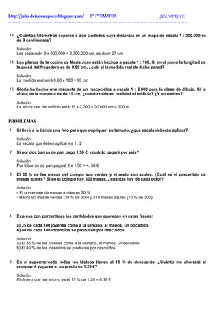 http://julio-detodounpoco.blogspot.com/ 6º PRIMARIA JULIOPROFE
……………………………………………………………………………………………………….….


13 ¿Cuántos kilómetros separan a dos ciudades cuya distancia en un mapa de escala 1 : 300.000 es
    de 9 centímetros?

    Solución:
    Les separarán 9 x 300.000 = 2.700.000 cm, es decir 27 km

14 Los planos de la cocina de María José están hechos a escala 1 : 100. Si en el plano la longitud de
    la pared del fregadero es de 0,90 cm, ¿cuál el la medida real de dicha pared?

    Solución:
    La medida real será 0,90 x 100 = 90 cm

15 Gloria ha hecho una maqueta de un rascacielos a escala 1 : 2.000 para la clase de dibujo. Si la
    altura de la maqueta es de 15 cm, ¿cuánto mide en realidad el edificio? ¿Y en metros?

    Solución:
    La altura real del edificio será 15 x 2.000 = 30.000 cm = 300 m


PROBLEMAS
1   Si llevo a la tienda una foto para que dupliquen su tamaño, ¿qué escala deberán aplicar?

    Solución:
    La escala que deben aplicar es 1 : 2

2   Si por dos barras de pan pago 1,50 €, ¿cuánto pagaré por seis?

    Solución:
    Por 6 barras de pan pagaré 3 x 1,50 = 4, 50 €

3   El 30 % de las mesas del colegio son verdes y el resto son azules. ¿Cuál es el porcentaje de
    mesas azules? Si en el colegio hay 300 mesas, ¿cuántas hay de cada color?

    Solución:
    - El porcentaje de mesas azules es 70 %.
    - Habrá 90 mesas verdes (30 % de 300) y 210 mesas azules (70 % de 300)



4   Expresa con porcentajes las cantidades que aparecen en estas frases:

    a) 35 de cada 100 jóvenes come a la semana, al menos, un bocadillo.
    b) 40 de cada 100 incendios se producen por descuidos.

    Solución:
    a) El 35 % de los jóvenes come a la semana, al menos, un bocadillo.
    b) El 40 % de los incendios se producen por descuidos.


5   En el supermercado todos los lácteos tienen el 15 % de descuento. ¿Cuánto me ahorraré al
    comprar 4 yogures si su precio es 1,20 €?

    Solución:
    El dinero que me ahorro es el 15 % de 1,20 = 0,18 €
 