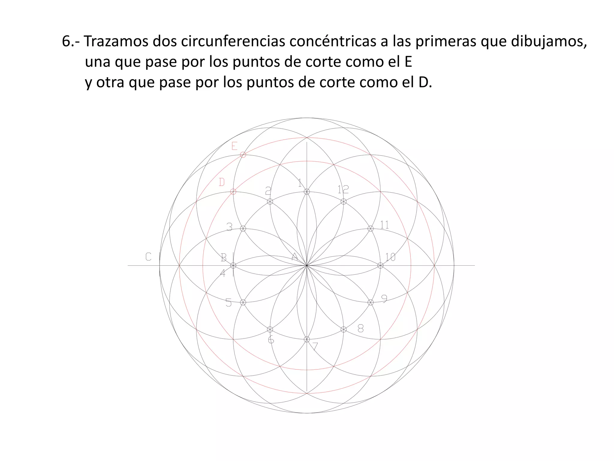 6.- Trazamos dos circunferencias concéntricas a las primeras que dibujamos,
    una que pase por los puntos de corte como el E
    y otra que pase por los puntos de corte como el D.
 