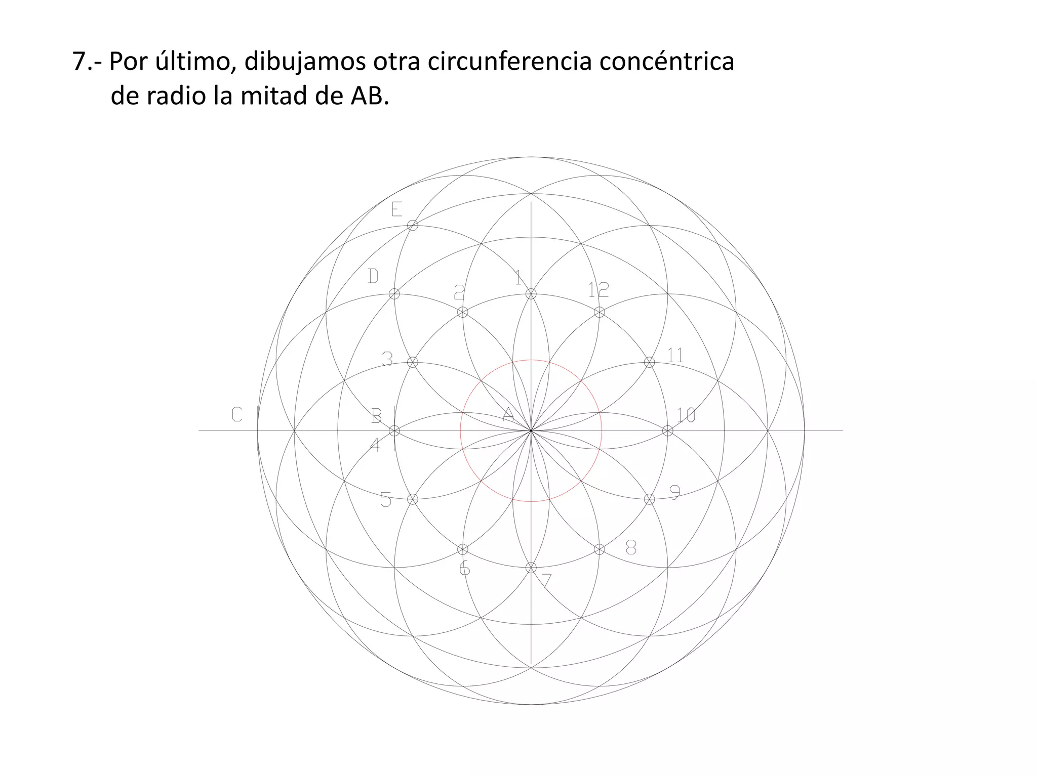 7.- Por último, dibujamos otra circunferencia concéntrica
    de radio la mitad de AB.
 