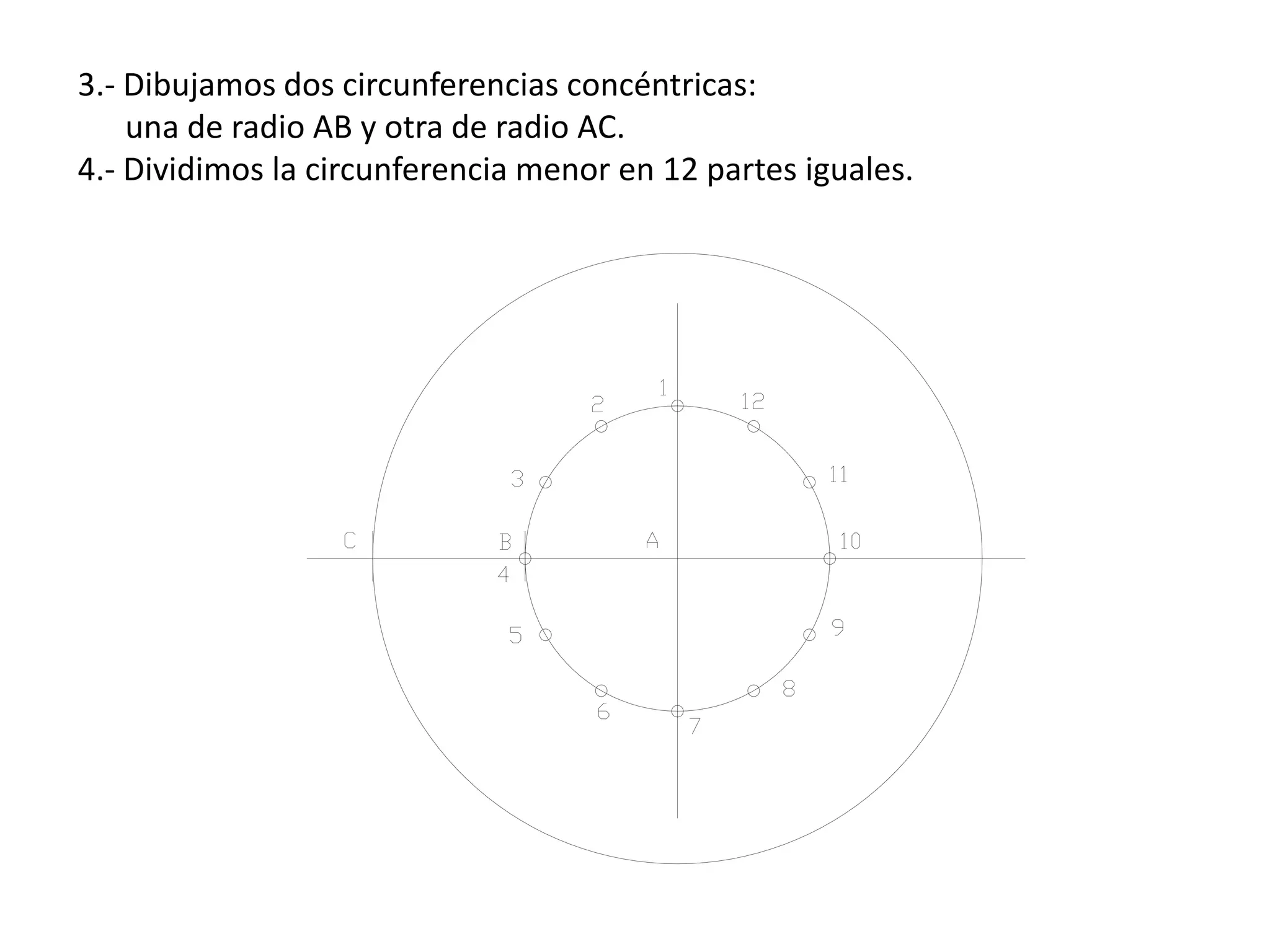 3.- Dibujamos dos circunferencias concéntricas:
    una de radio AB y otra de radio AC.
4.- Dividimos la circunferencia menor en 12 partes iguales.
 