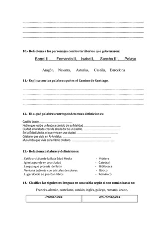 …………………………………………………………………………………………………………………
…………………………………………………………………………………………………………………
…………………………………………………………………………………………………………………
…………………………………………………………………………………………………………………
10.- Relaciona a los personajes con los territorios que gobernaron:
Borrel II, Fernando II, IsabelI, Sancho III, Pelayo
Aragón, Navarra, Asturias, Castilla, Barcelona
11.- Explica con tus palabras qué es el Camino de Santiago.
…………………………………………………………………………………………………………………
…………………………………………………………………………………………………………………
…………………………………………………………………………………………………………………
…………………………………………………………………………………………………………………
12.- Di a qué palabras corresponden estas definiciones:
Castillo árabe. ……………………………....
Noble que recibe un feudo a cambio de su fidelidad…………………………………….
Ciudad amurallada crecida alrededor de un castillo. ……………………………………
En la Edad Media, el que vivía en una ciudad. ………………………………………..
Cristiano que vivía en Al-Ándalus. ………………………………………………..
Musulmán que vivía en territorio cristiano. ……………………………………. .....
13.- Relaciona palabras y definiciones:
. Estilo artístico de la Baja Edad Media - Vidriera
. Iglesia grande en una ciudad - Catedral
. Lengua que procede del latín - Biblioteca
. Ventana cubierta con cristales de colores - Gótico
. Lugar donde se guardan libros - Románico
14.- Clasifica las siguientes lenguas en una tabla según si son románicas o no:
Francés, alemán, castellano, catalán, inglés, gallego, rumano, árabe.
Románicas No románicas
 