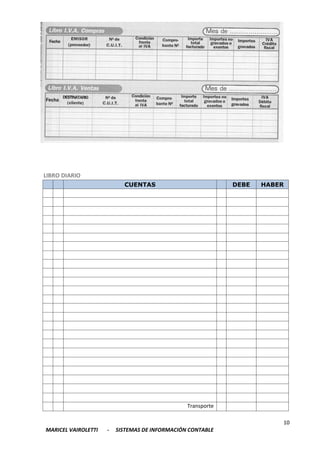 10
MARICEL VAIROLETTI - SISTEMAS DE INFORMACIÓN CONTABLE
LIBRO DIARIO
CUENTAS DEBE HABER
Transporte
 