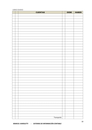 18
MARICEL VAIROLETTI - SISTEMAS DE INFORMACIÓN CONTABLE
LIBRO DIARIO
CUENTAS DEBE HABER
Transporte
 