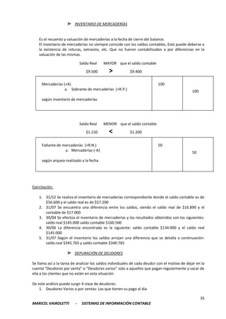 35
MARICEL VAIROLETTI - SISTEMAS DE INFORMACIÓN CONTABLE
INVENTARIO DE MERCADERÍAS
Es el recuento y valuación de mercaderías a la fecha de cierre del balance.
El inventario de mercaderías no siempre coincide con los saldos contables, Esto puede deberse a
la existencia de roturas, extravíos, etc. Que no fueron contabilizados o por diferencias en la
valuación de las mismas.
Ejercitación:
1. 31/12 Se realiza el inventario de mercaderías correspondiente donde el saldo contable es de
$56.600 y el saldo real es de $57.200
2. 31/07 Se encuentra una diferencia entre los saldos, siendo el saldo real de $16.890 y el
contable de $17.000
3. 30/04 Se efectúa el inventario de mercaderías y los resultados obtenidos son los siguientes:
saldo real $145.000 saldo contable $160.500
4. 30/06 La diferencia encontrada es la siguiente: saldo contable $134.900 y el saldo real
$145.000
5. 31/07 Según el inventario los saldos arrojan una diferencia que se detalla a continuación:
saldo real $345.765 y saldo contable $340.765
DEPURACIÓN DE DEUDORES
Se llama así a la tarea de analizar los saldos individuales de cada deudor con el motivo de dejar en la
cuenta “Deudores por venta” o “Deudores varios” solo a aquellos que pagan regularmente y sacar de
ella a los clientes que no están en esta situación.
De este análisis puede surgir 4 clase de deudores:
1. Deudores Varios o por ventas: Los que tienen su pago al día
Saldo Real MAYOR que el saldo contable
$9.500 > $9.400
Mercaderías (+A)
a. Sobrante de mercaderías (+R.P.)
según inventario de mercaderías
100
100
Saldo Real MENOR que el saldo contable
$1.150 < $1.200
Faltante de mercaderías (+R.N.)
a. Mercaderías (-A)
según arqueo realizado a la fecha
50
50
 