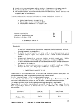 36
MARICEL VAIROLETTI - SISTEMAS DE INFORMACIÓN CONTABLE
2. Deudores Morosos: aquellos que están atrasados en el pago, pero se estima que pagarán.
3. Deudores en Gestión: son los que se les ha iniciado juicio para el cobro de deudas.
4. Deudores Incobrables: Se consideran así a quienes por determinados motivos se estima que
no pagaran y se dan por perdidos.
La depuración de la cuenta “Deudores por Venta” nos permite comprobar la existencia de:
a. Deudores atrasados en sus pagos: $230
b. Deudores que se les ha iniciado juicio: $140
c. Deudores que se estima que no pagarán: $100
Ejercitación:
1. Se depura la cuenta deudores donde surge lo siguiente: Deudores en juicio por $ 560,
deudores atrasados en su pago $ 326.
2. Se analiza la cuenta Deudores por venta donde se encuentran personas que se
consideran que ya no pagarán por un importe de $760 y $450 de deudores atrasados en
el pago.
3. Después de la depuración se encuentran deudores con juicio iniciado por $ 678.000,
deudores atrasados por $ 10.200 y los que se estima que ya no pagarán $ 5.400.
4. Se registran los siguientes importes: $4.500 de deudores atrasados, $3.200 de deudores
que se supone, ya no pagarán.
5. Después de la depuración se encuentran deudores con juicio iniciado por $34.000,
deudores atrasados por $6.000 y los que se estima que ya no pagarán $.
AMORTIZACIÓN DE BIENES DE USO
Los Bienes de Uso son aquellos destinados al uso exclusivo de la empresa y no a la venta, ya que son
necesarios para llevar a cabo su fin y prestar un buen servicio a sus clientes.
Ejemplos: Rodados, Muebles y Útiles, Inmuebles, Instalaciones, etc.
Al ser utilizados, estos bienes sufren un desgaste, que sin duda alguna disminuye su valor. En
consecuencia, esta merma año tras año, es cada vez mayor y debe registrarse contablemente.
Este desgaste se conoce con el nombre de Depreciación, Desvalorización o Amortización.
El porcentaje de amortización dependerá de la cantidad de años de vida útil que tenga el “Bien de
Uso”. Los porcentajes máximos de Amortización anual son establecidos por la AFIP, los más
frecuentes son:
CONCEPTO VIDA ÚTIL PORCENTAJE
Muebles y Útiles
10 años 10%
Deudores Morosos (+A)
Deudores en Gestión Judicial (+A)
Deudores Incobrables (+R.N.)
a. Deudores por Ventas (-A)
230
140
100
470
 