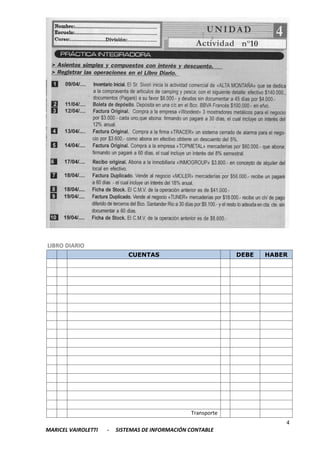 4
MARICEL VAIROLETTI - SISTEMAS DE INFORMACIÓN CONTABLE
LIBRO DIARIO
CUENTAS DEBE HABER
Transporte
 
