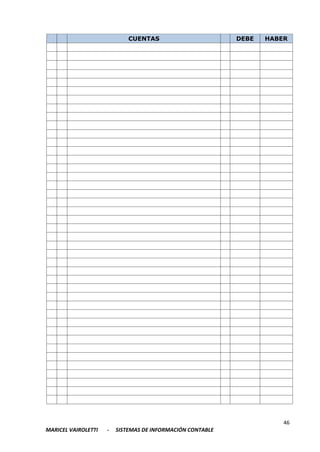 46
MARICEL VAIROLETTI - SISTEMAS DE INFORMACIÓN CONTABLE
CUENTAS DEBE HABER
 