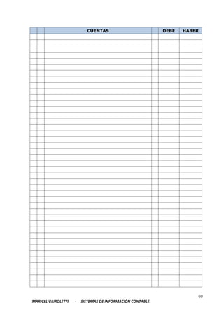 60
MARICEL VAIROLETTI - SISTEMAS DE INFORMACIÓN CONTABLE
CUENTAS DEBE HABER
 